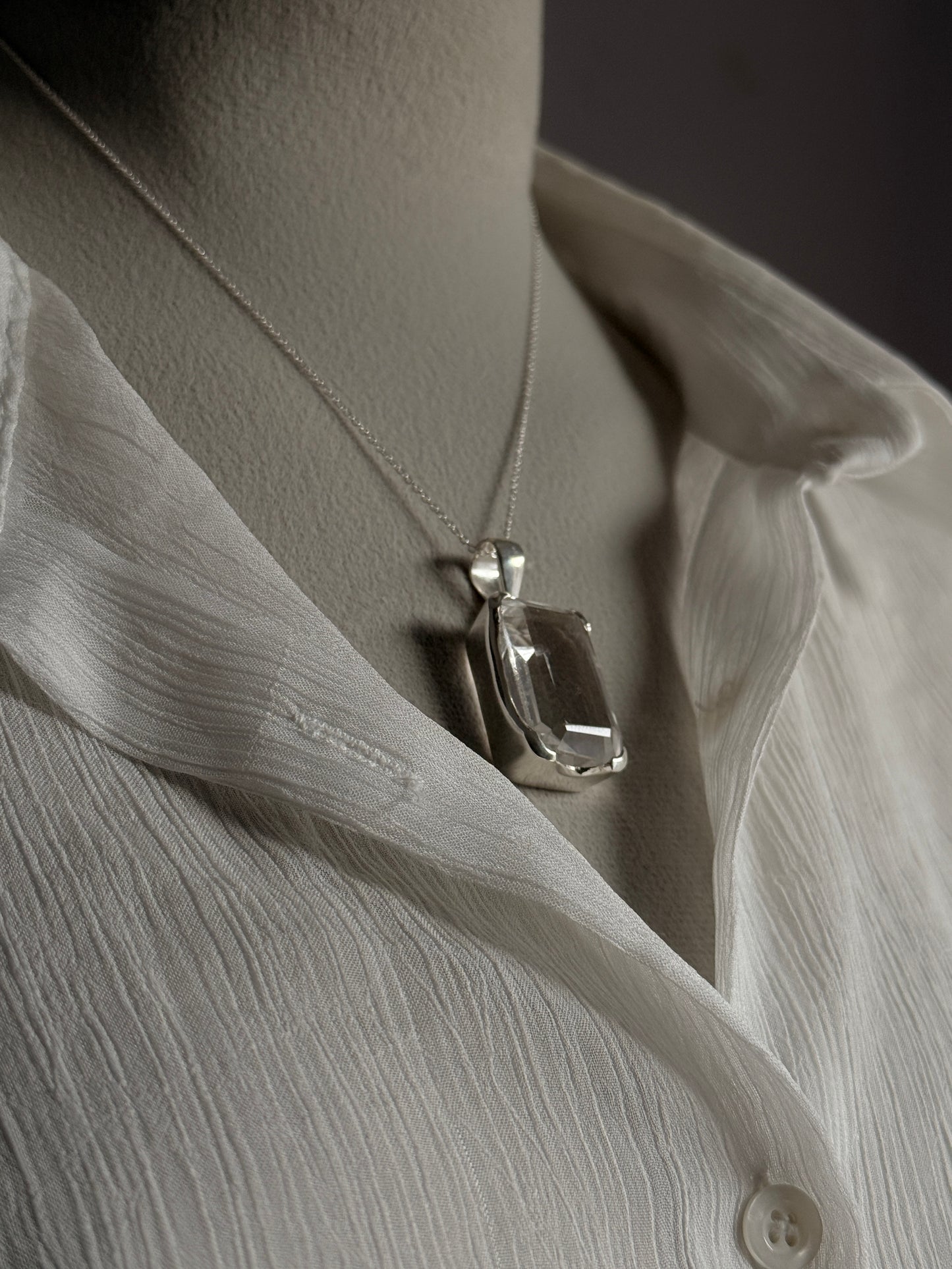 Clear Quartz Rectangular Big Statement Handcrafted 925 Sterling Silver Pendant