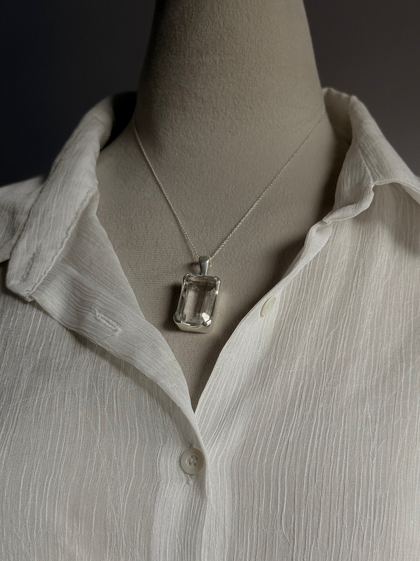 Clear Quartz Rectangular Big Statement Handcrafted 925 Sterling Silver Pendant