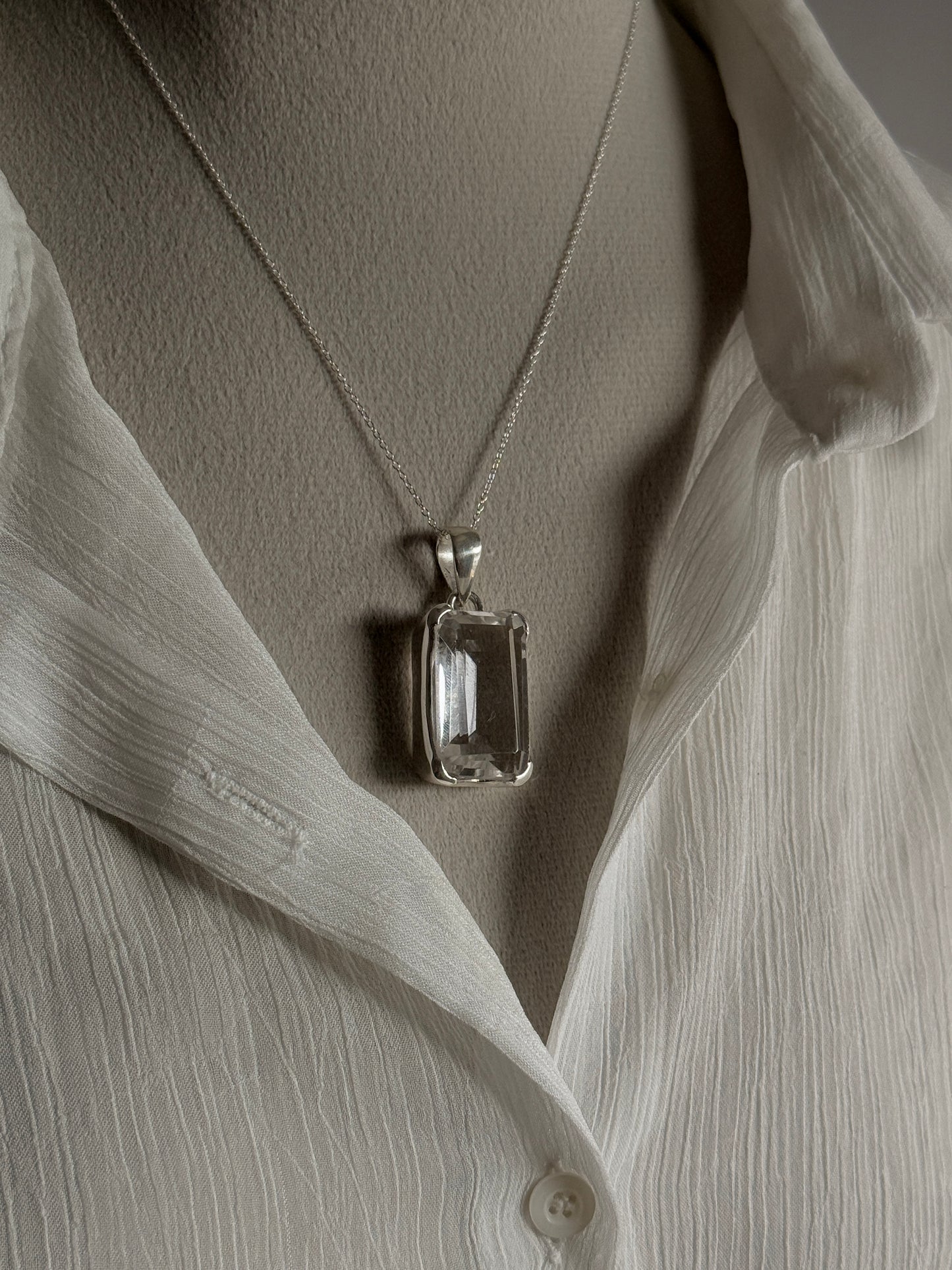 Clear Quartz Rectangular Big Statement Handcrafted 925 Sterling Silver Pendant