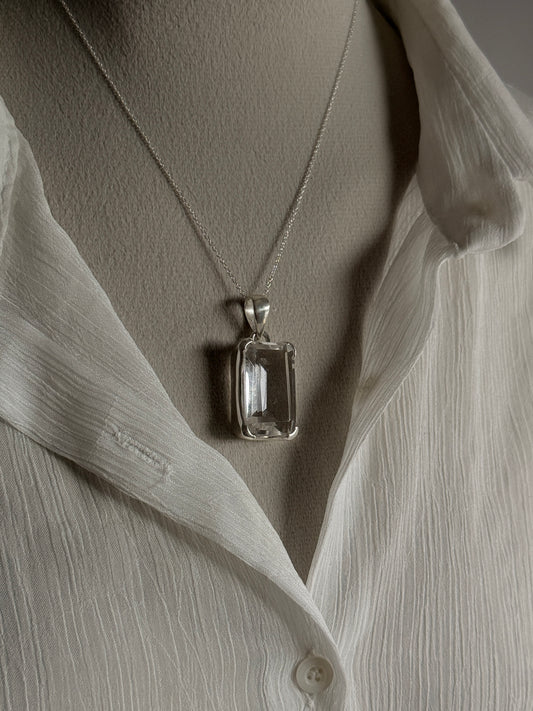 Clear Quartz Rectangular Big Statement Handcrafted 925 Sterling Silver Pendant