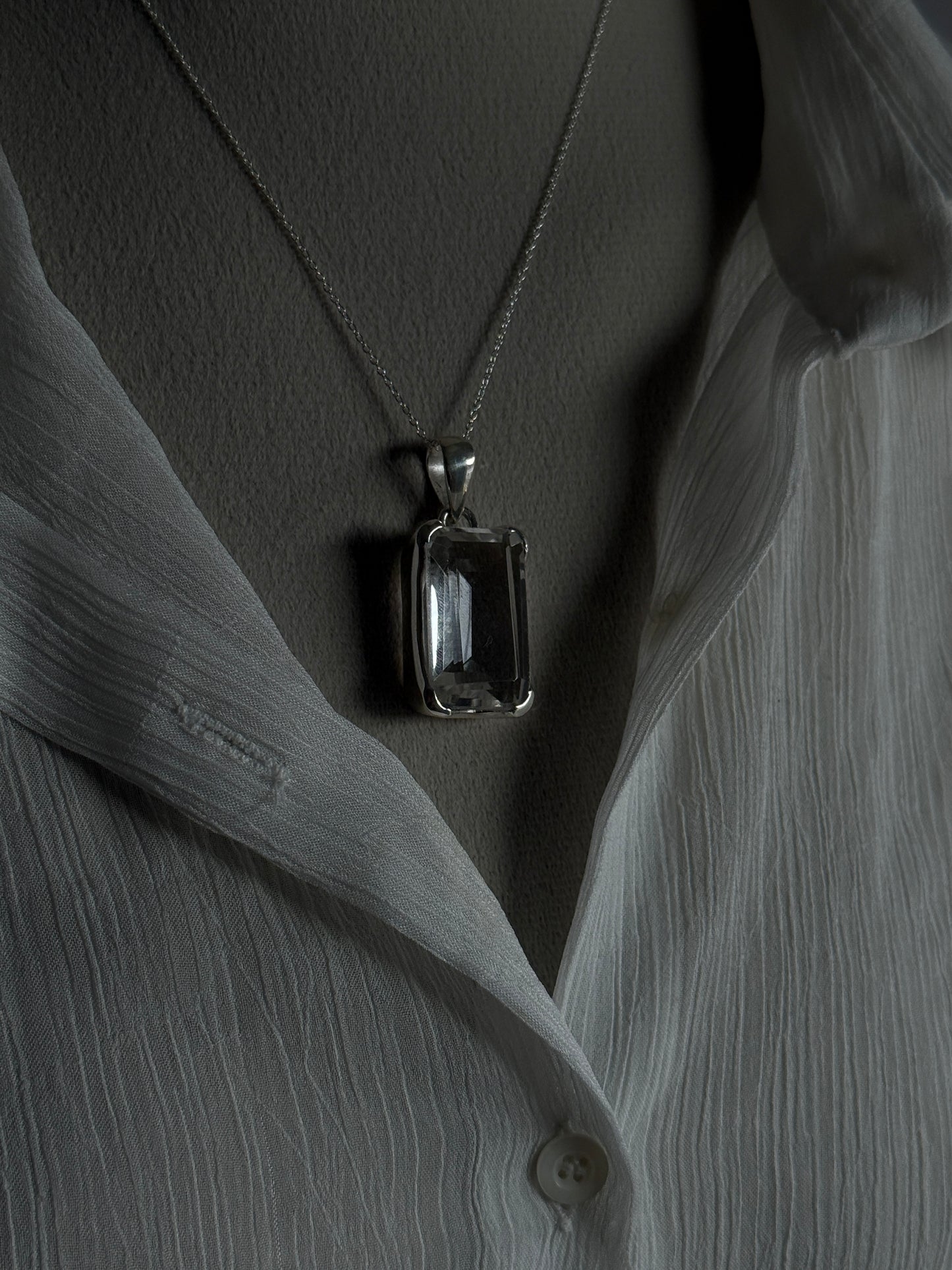 Clear Quartz Rectangular Big Statement Handcrafted 925 Sterling Silver Pendant