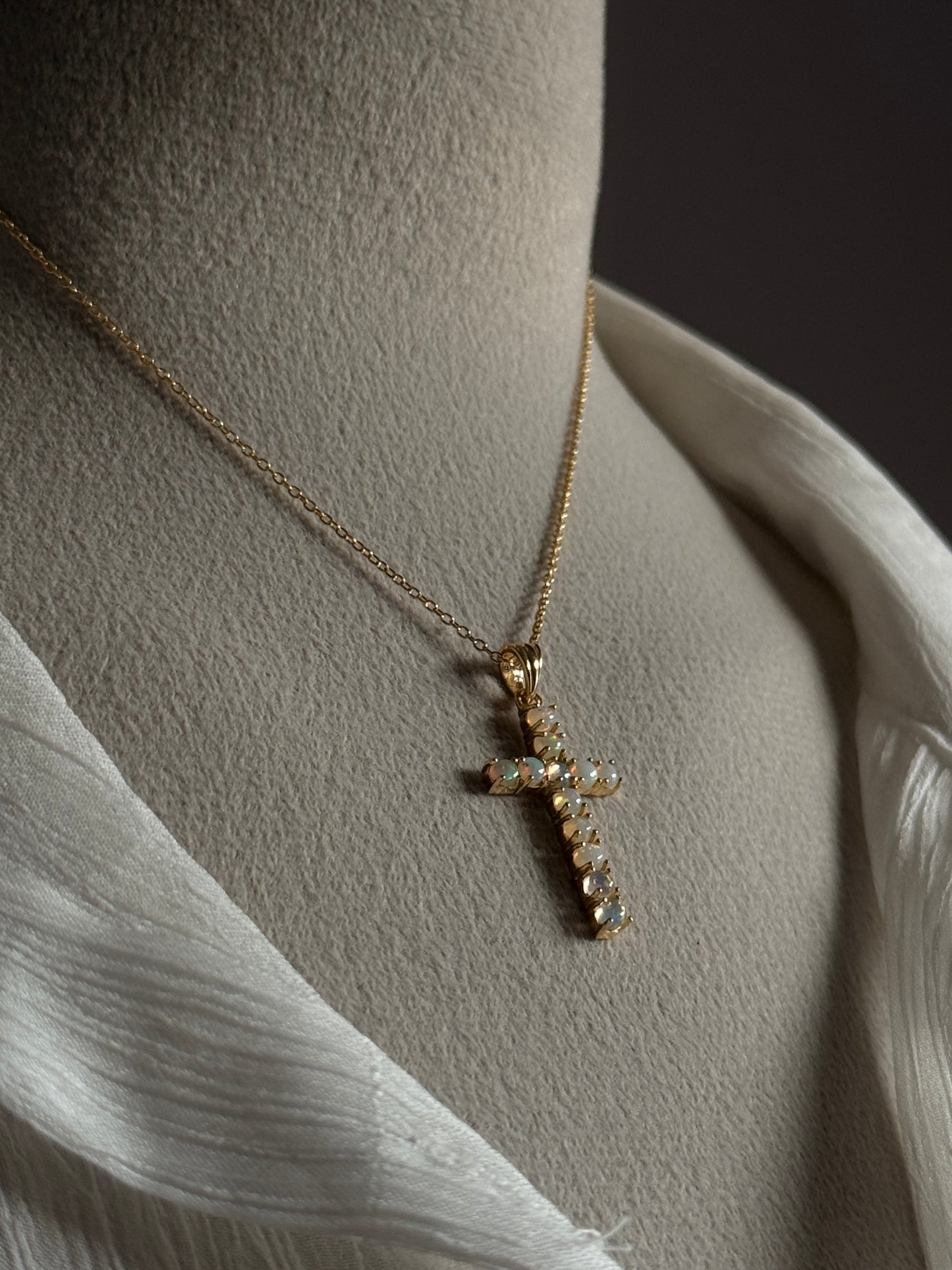 Gold Vermeil Ethiopian Opal Cross 925 Sterling Silver Necklace