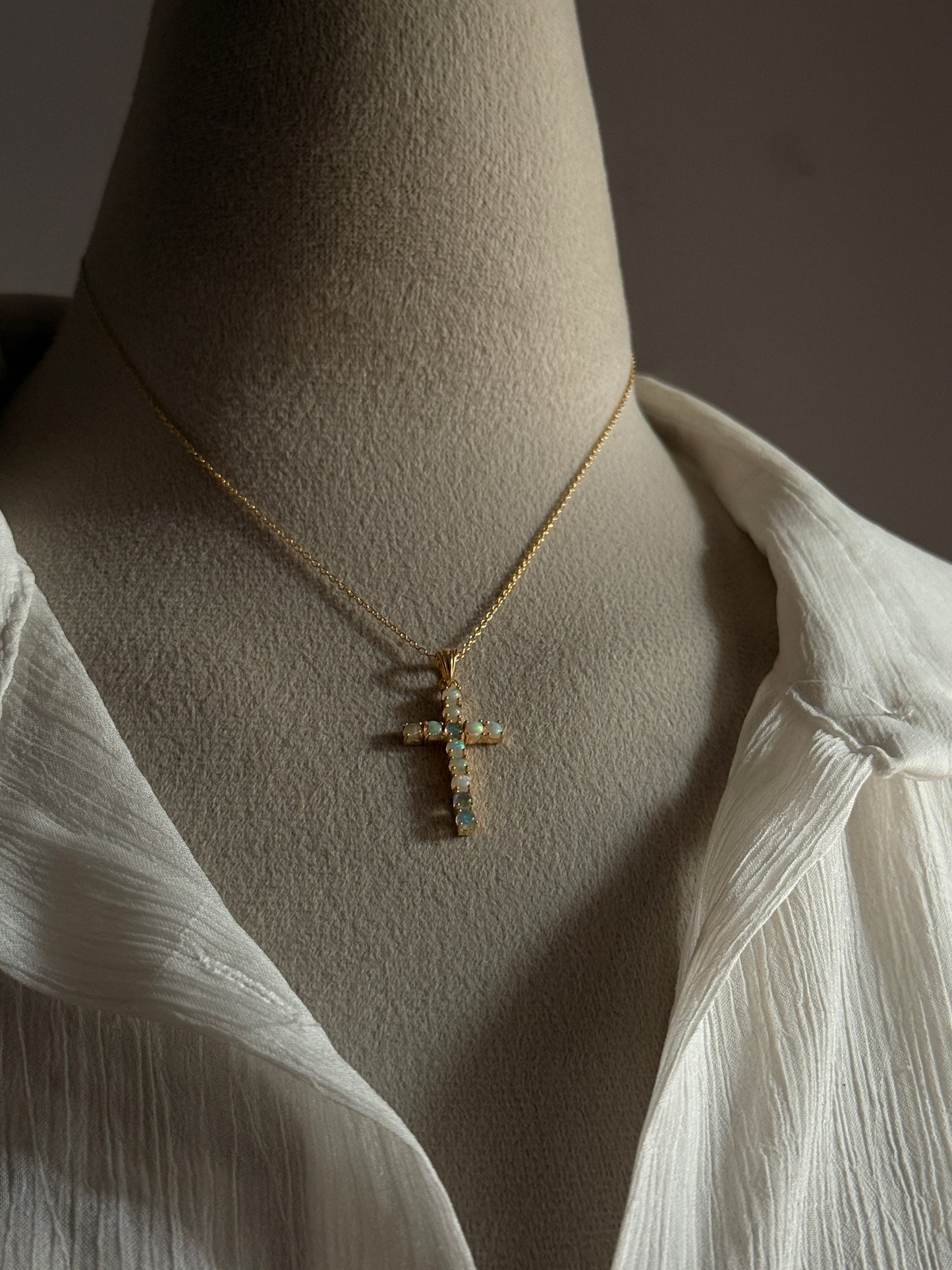 Gold Vermeil Ethiopian Opal Cross 925 Sterling Silver Necklace