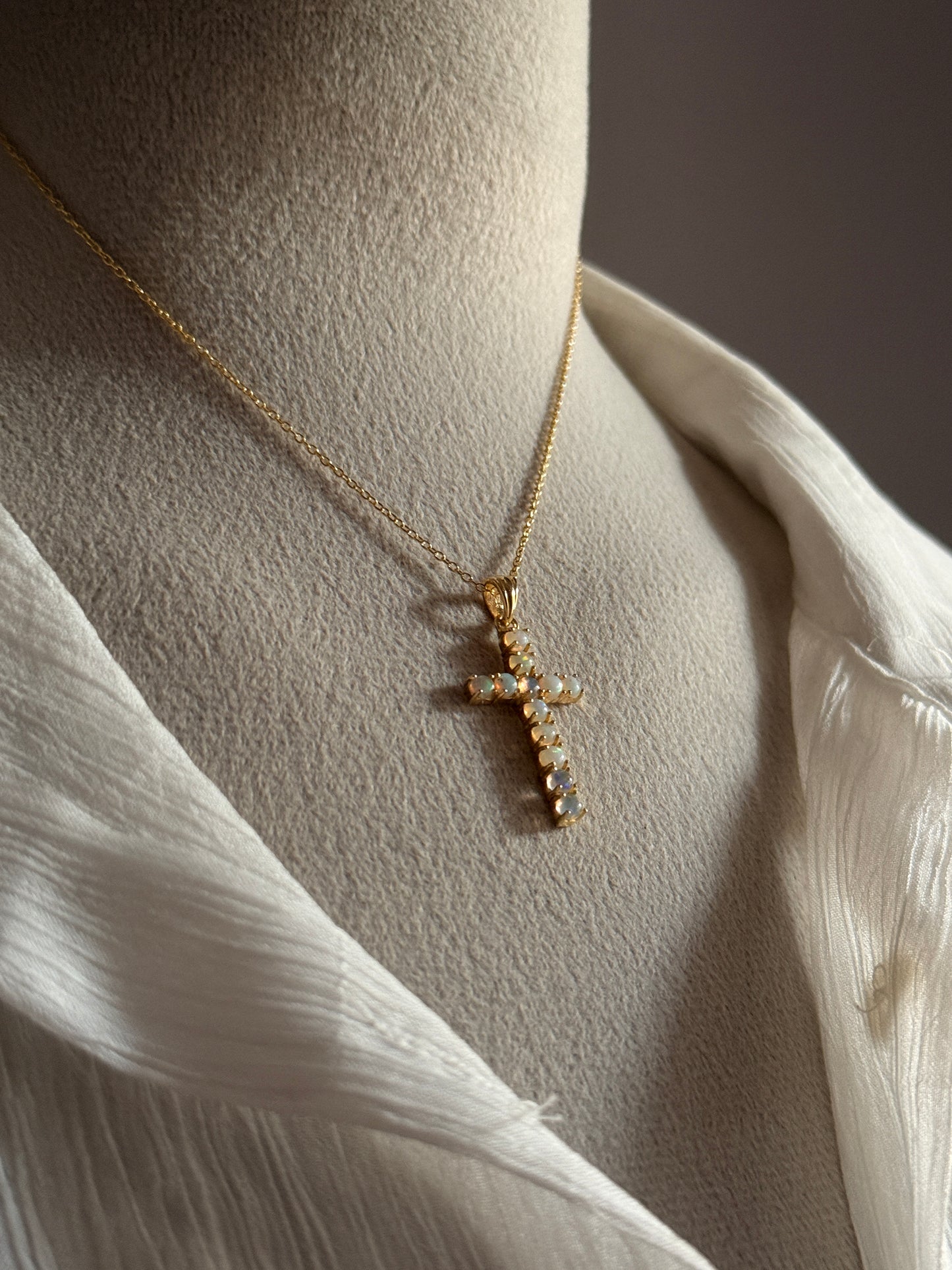 Gold Vermeil Ethiopian Opal Cross 925 Sterling Silver Necklace