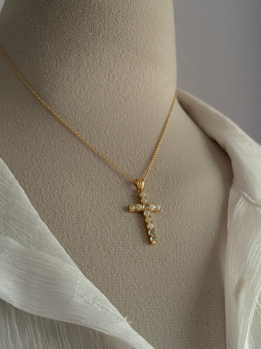 Gold Vermeil Ethiopian Opal Cross 925 Sterling Silver Necklace