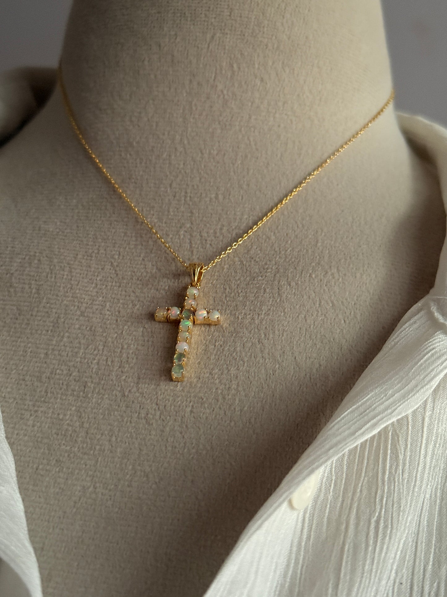 Gold Vermeil Ethiopian Opal Cross 925 Sterling Silver Necklace