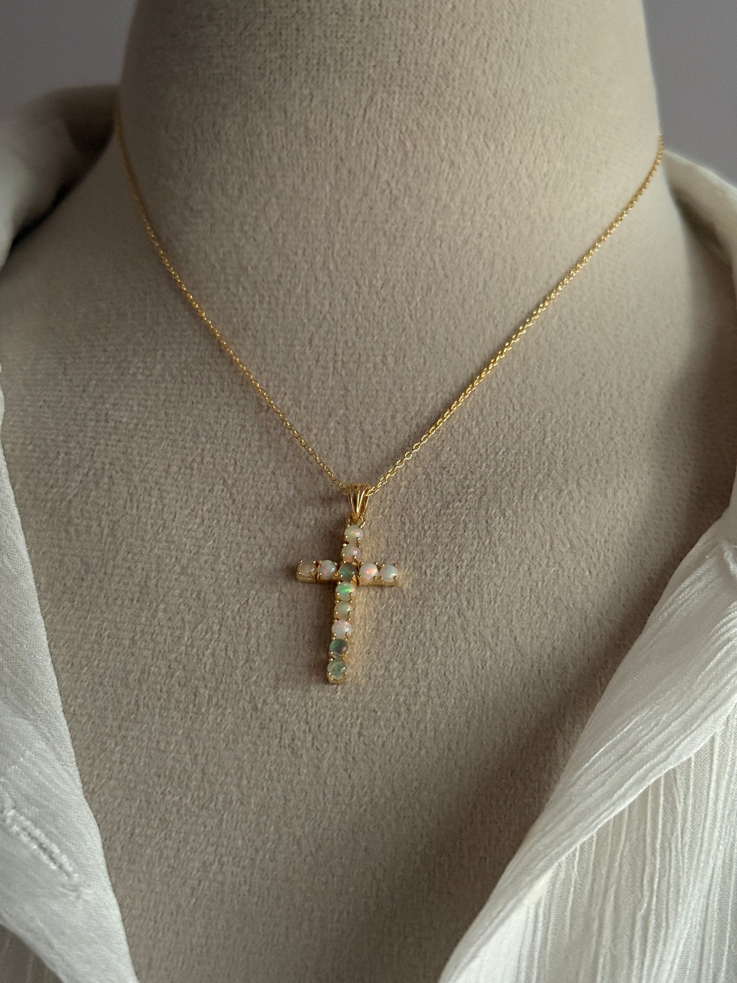 Gold Vermeil Ethiopian Opal Cross 925 Sterling Silver Necklace