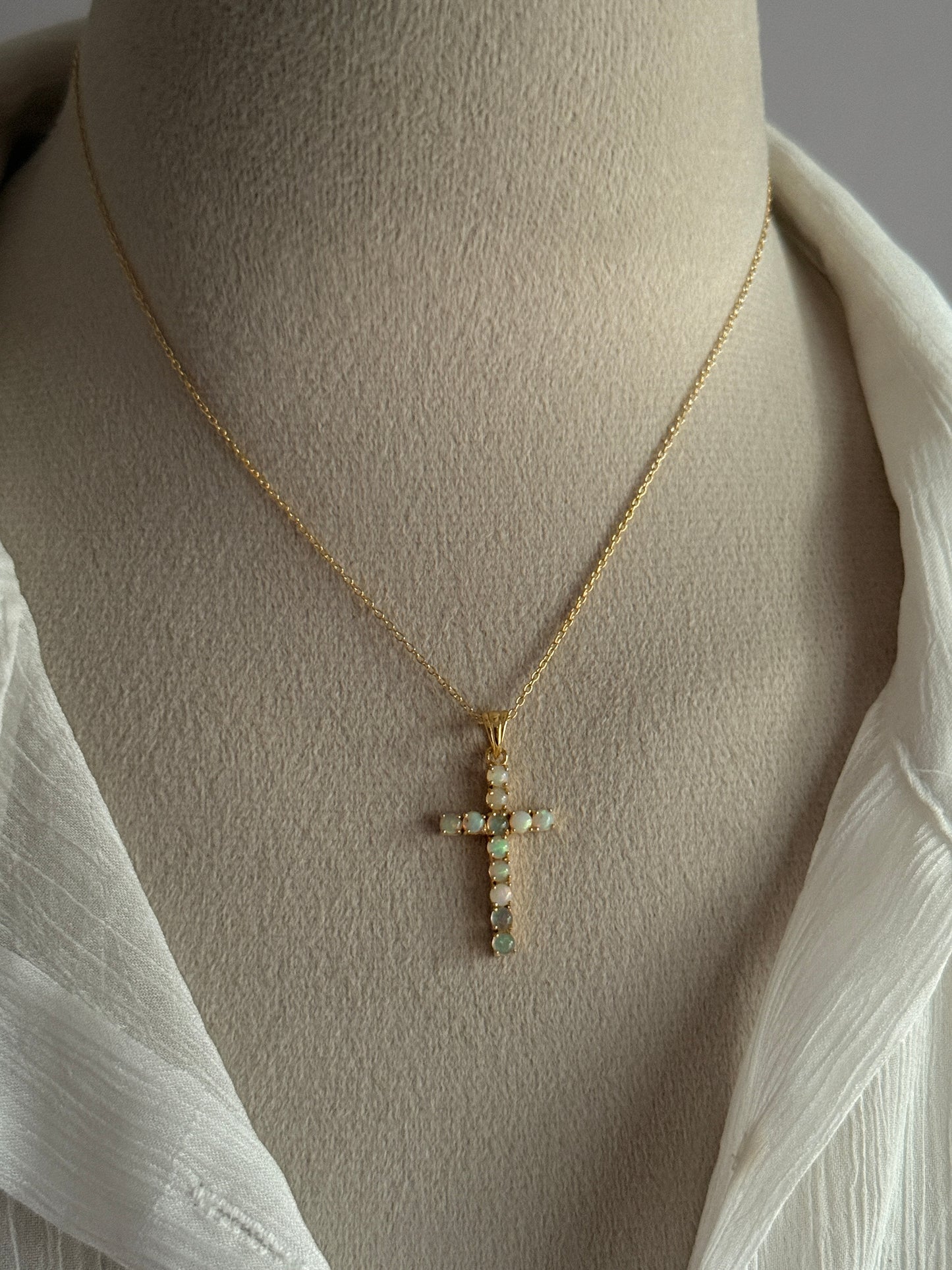 Gold Vermeil Ethiopian Opal Cross 925 Sterling Silver Necklace