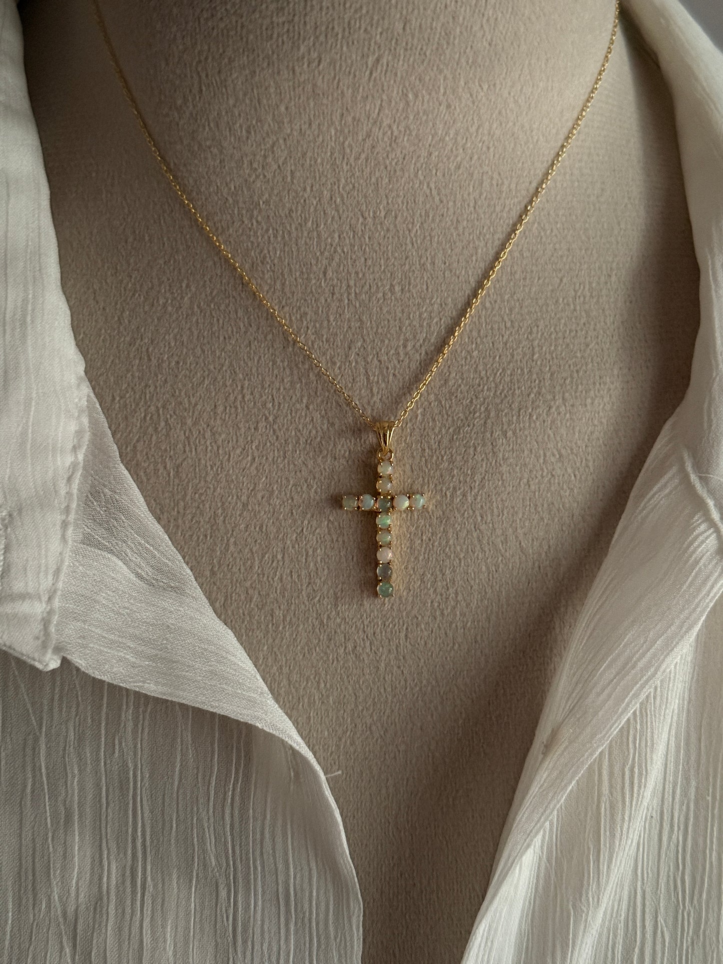 Gold Vermeil Ethiopian Opal Cross 925 Sterling Silver Necklace