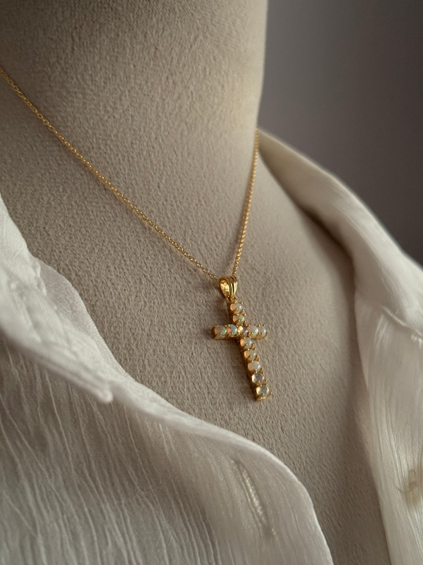 Gold Vermeil Ethiopian Opal Cross 925 Sterling Silver Necklace