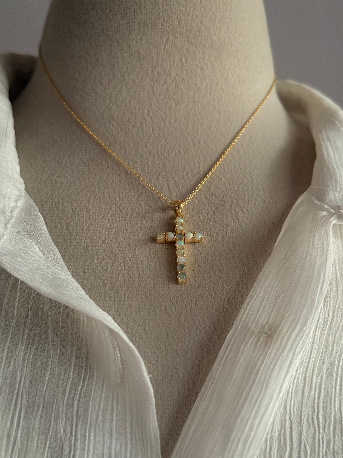Gold Vermeil Ethiopian Opal Cross 925 Sterling Silver Necklace
