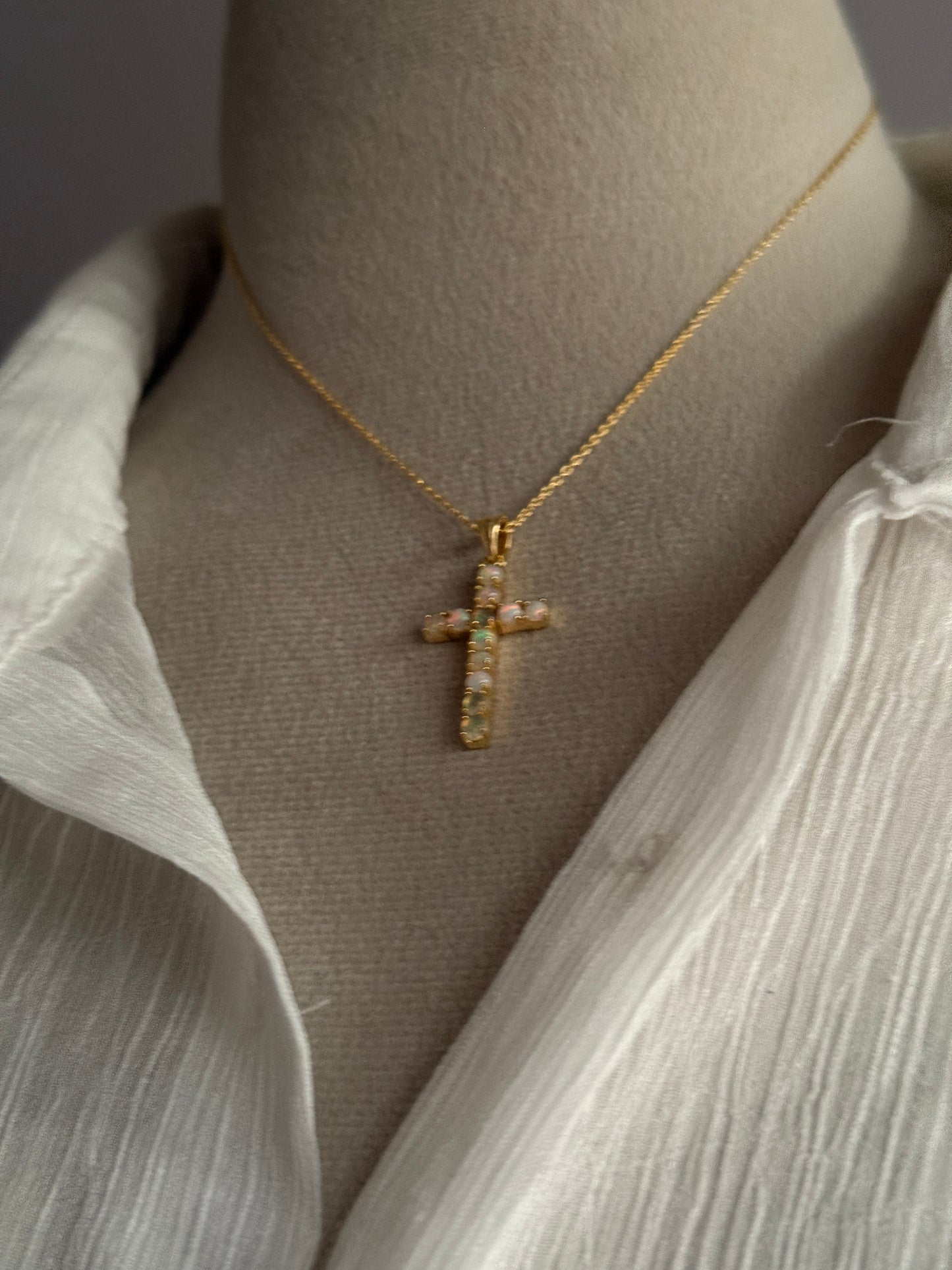 Gold Vermeil Ethiopian Opal Cross 925 Sterling Silver Necklace