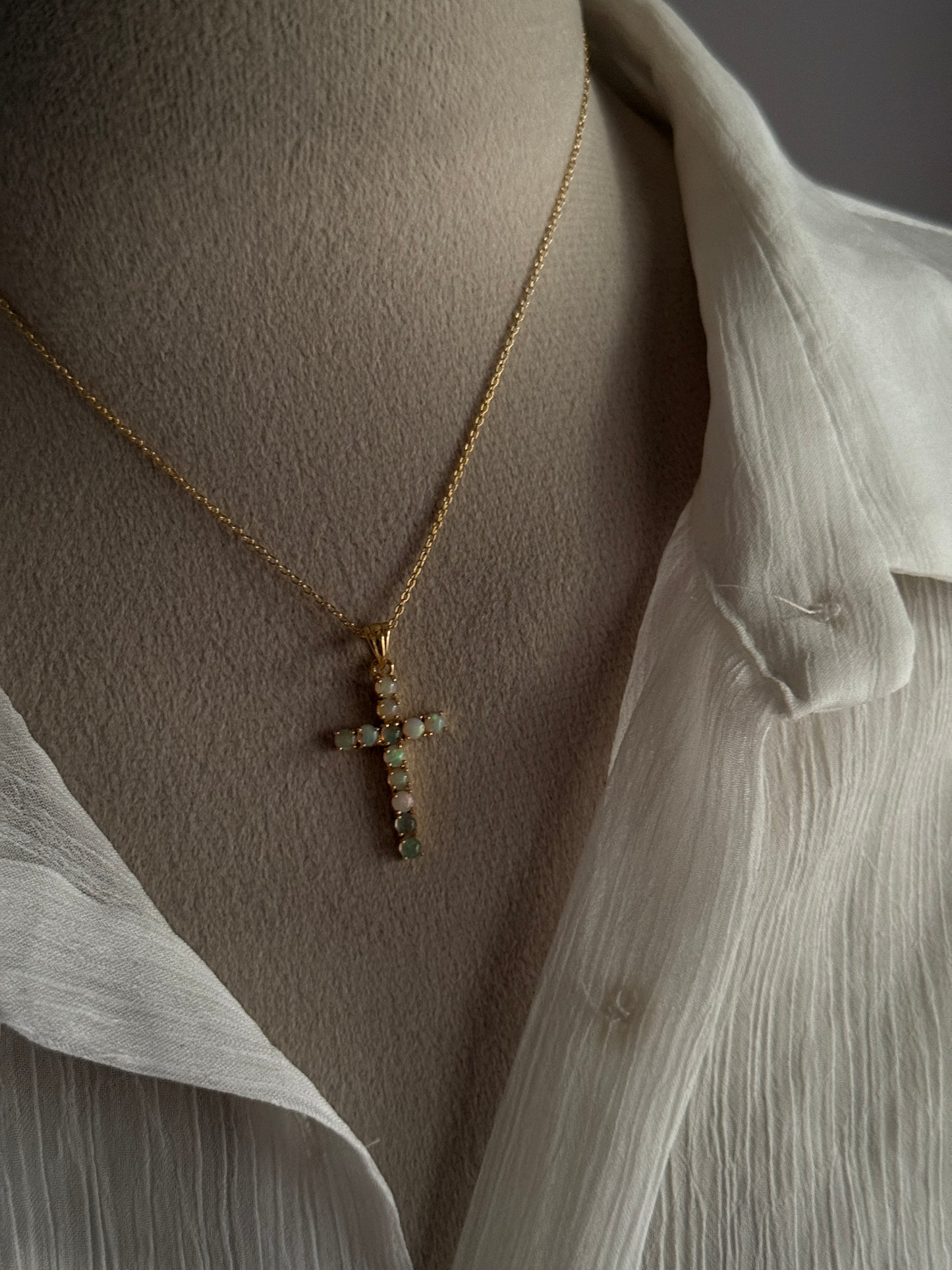 Gold Vermeil Ethiopian Opal Cross 925 Sterling Silver Necklace