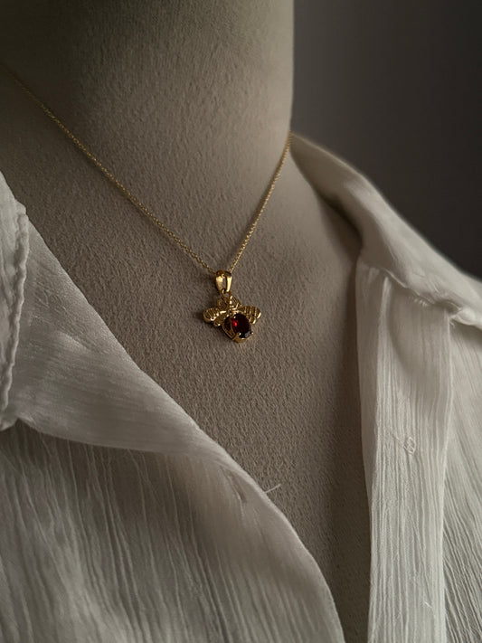 Gold Vermeil Garnet Bee 925 Sterling Silver Necklace