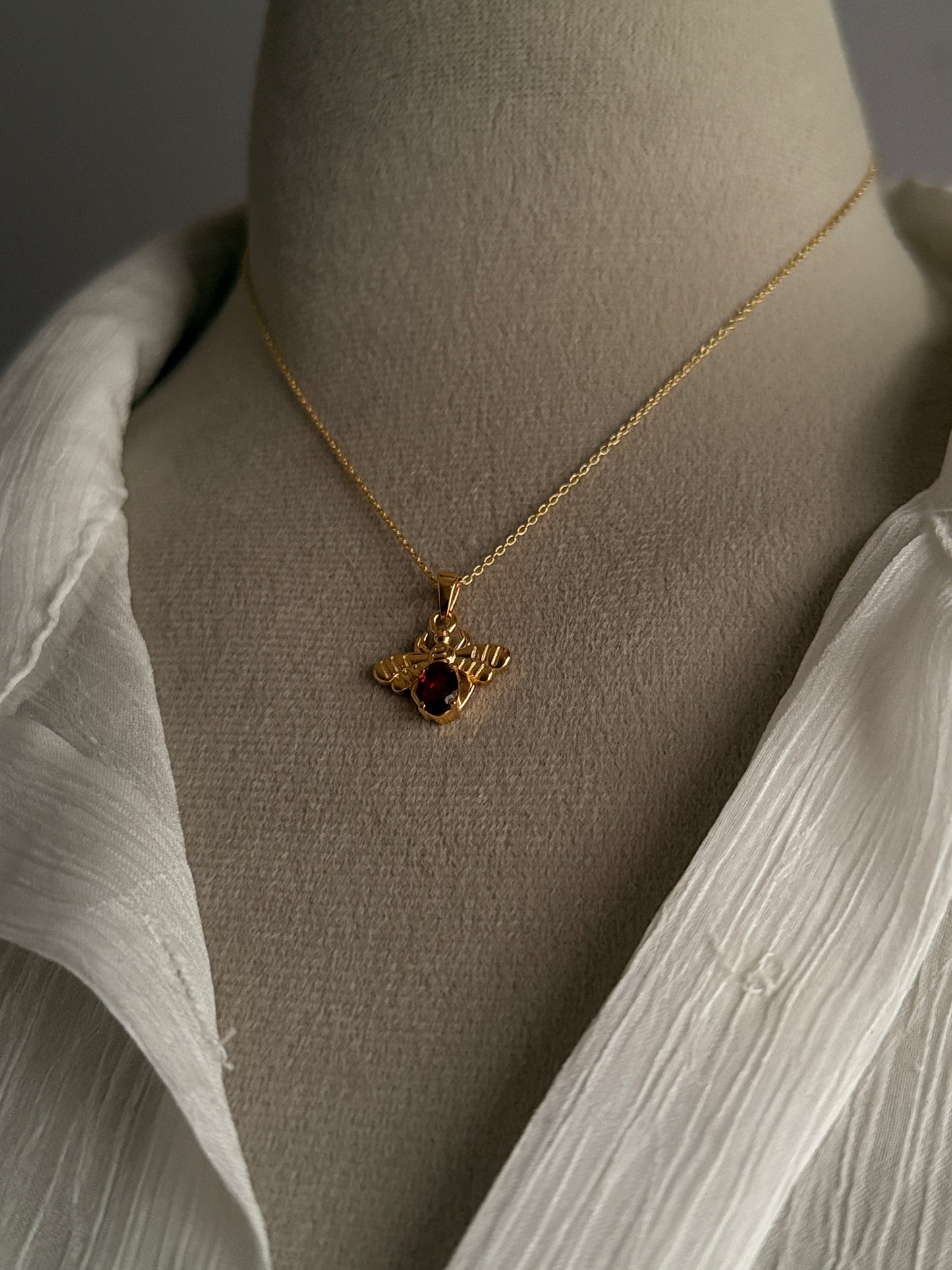 Gold Vermeil Garnet Bee 925 Sterling Silver Necklace