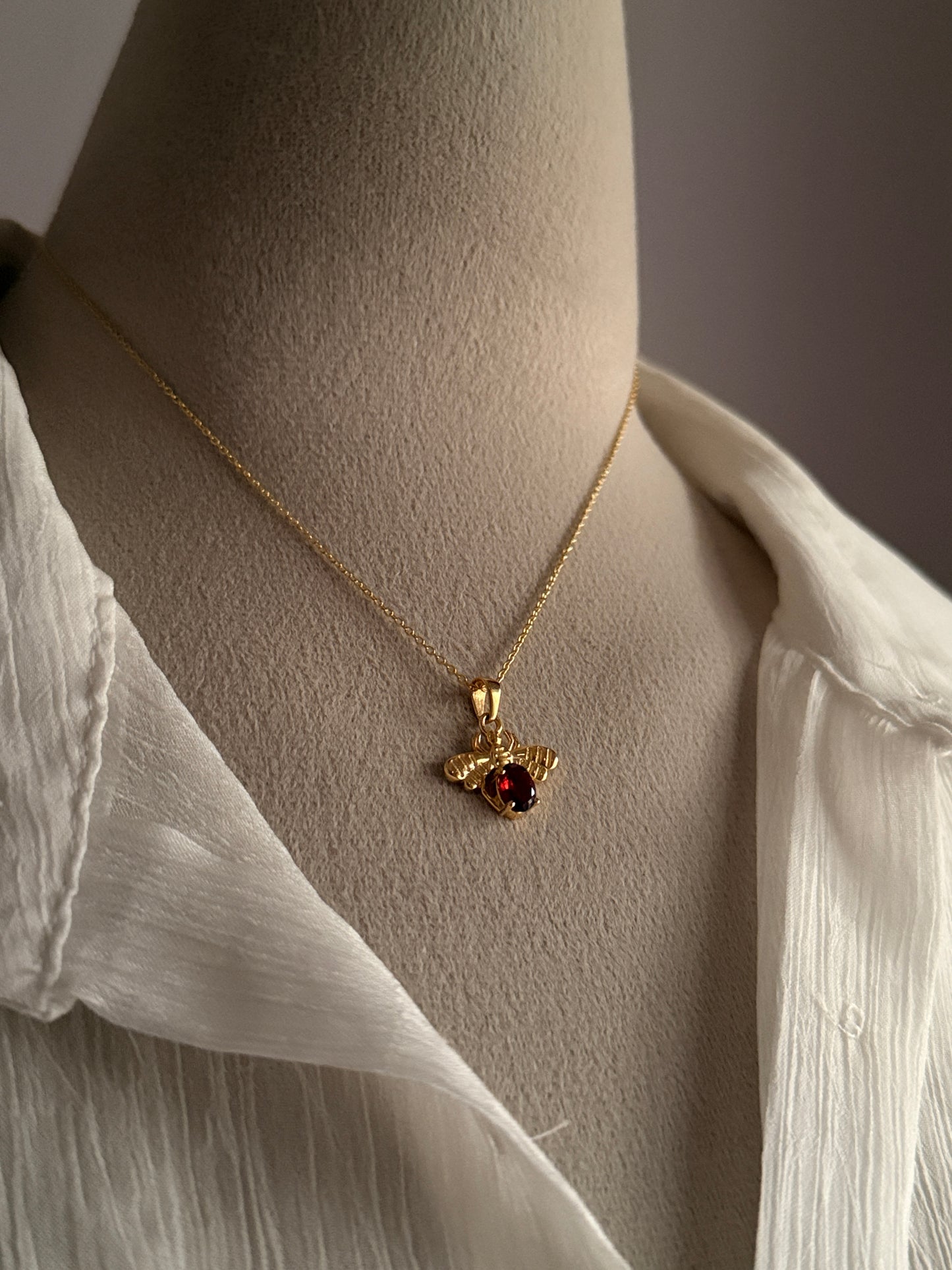 Gold Vermeil Garnet Bee 925 Sterling Silver Necklace