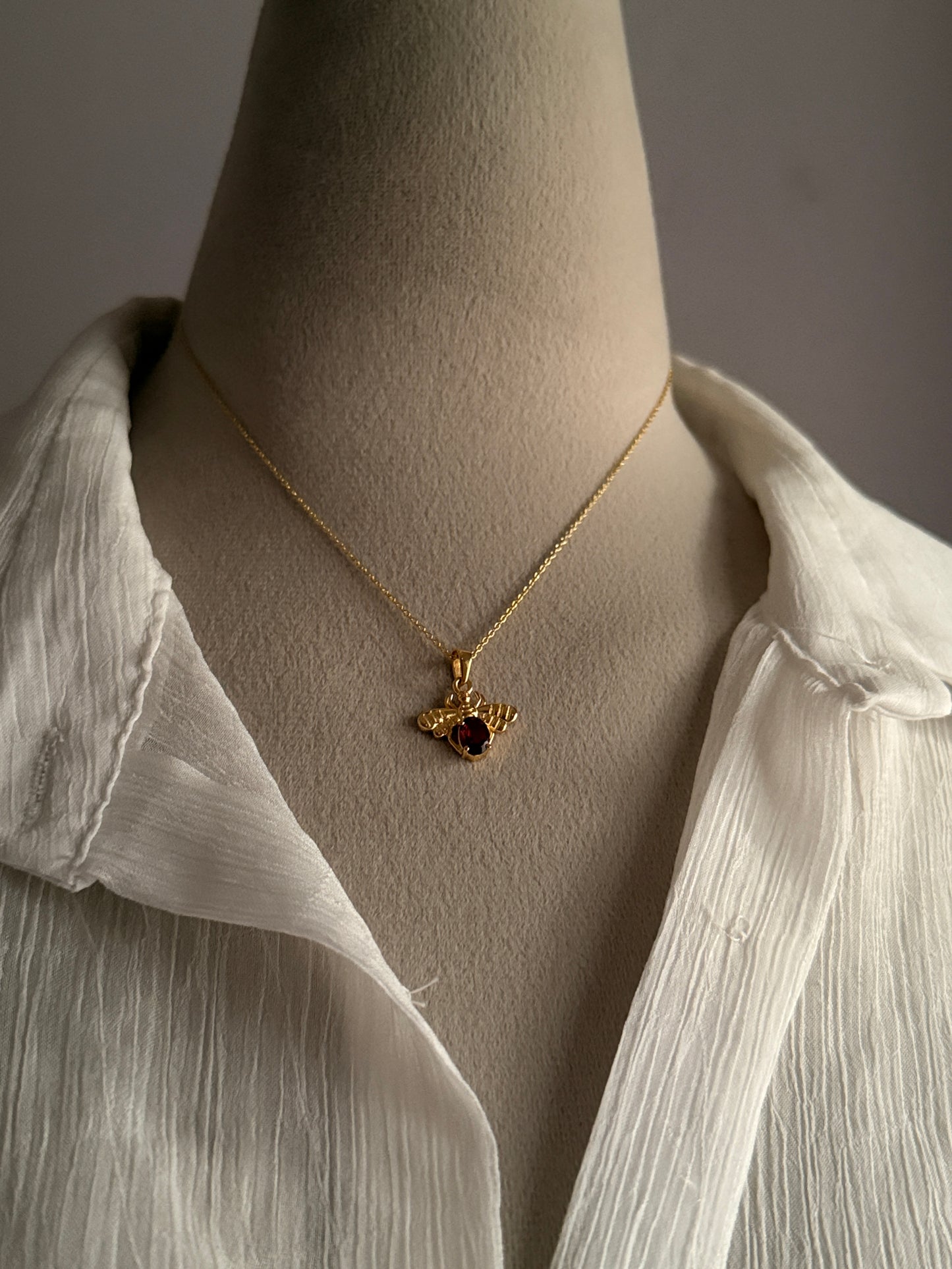 Gold Vermeil Garnet Bee 925 Sterling Silver Necklace