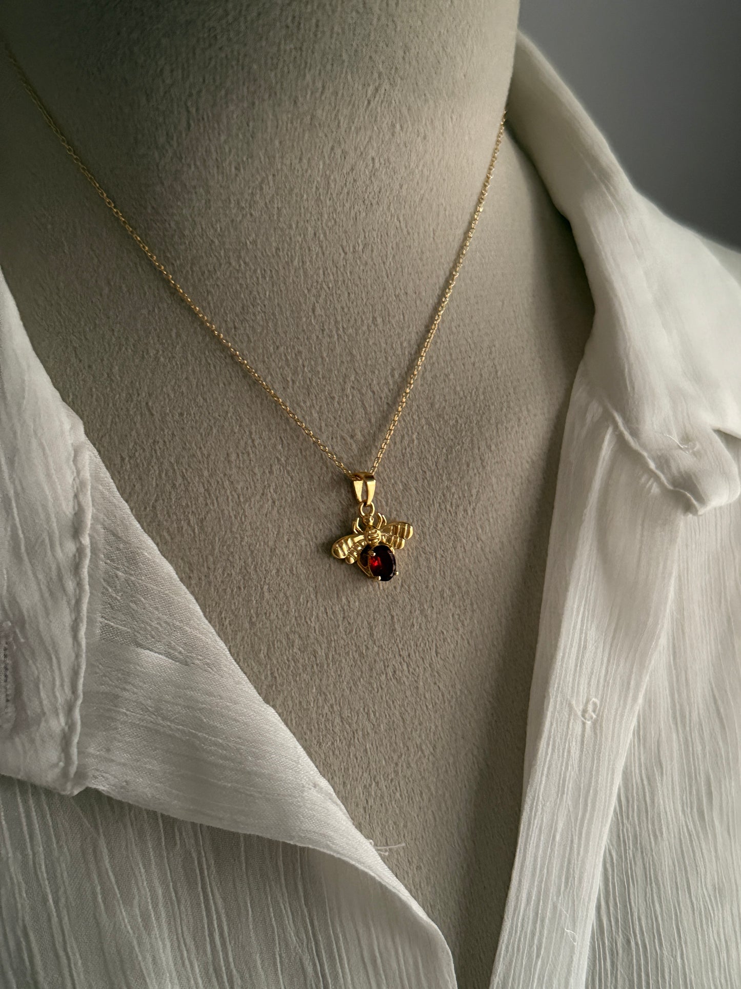 Gold Vermeil Garnet Bee 925 Sterling Silver Necklace