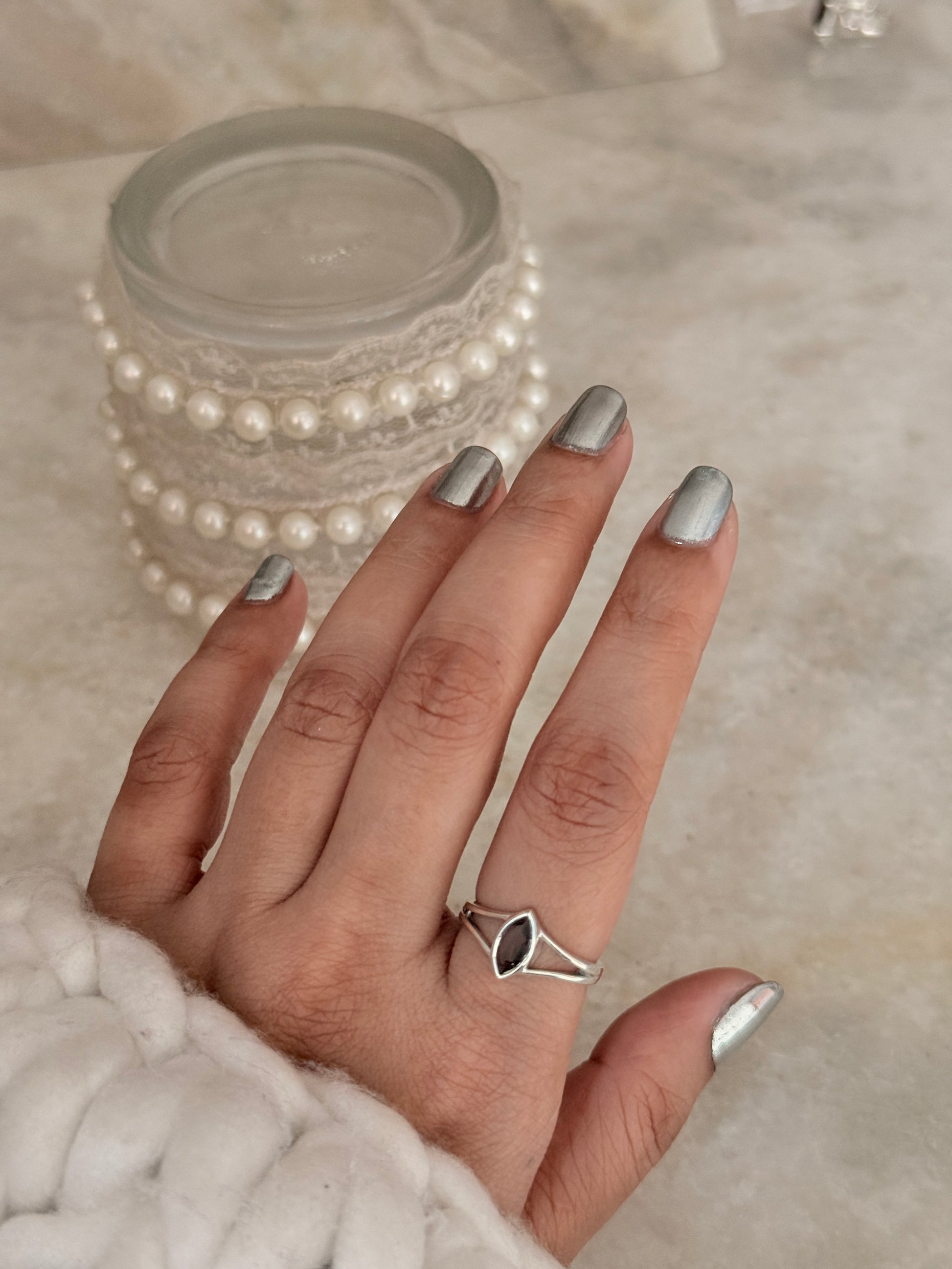 Handcrafted 925 sterling silver smokey quartz marquise ring  