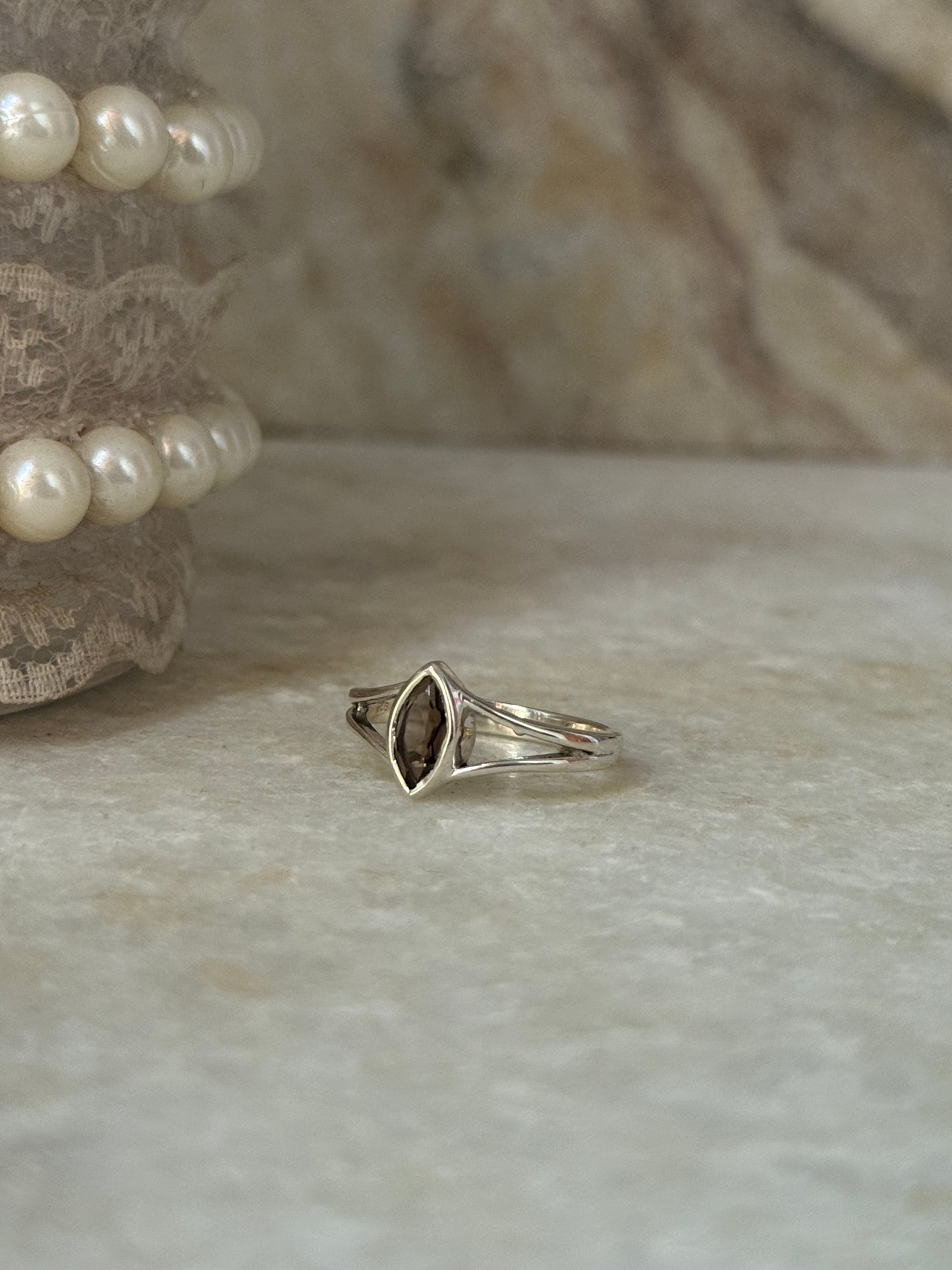 925 Sterling silver smokey quartz marquise cut ring