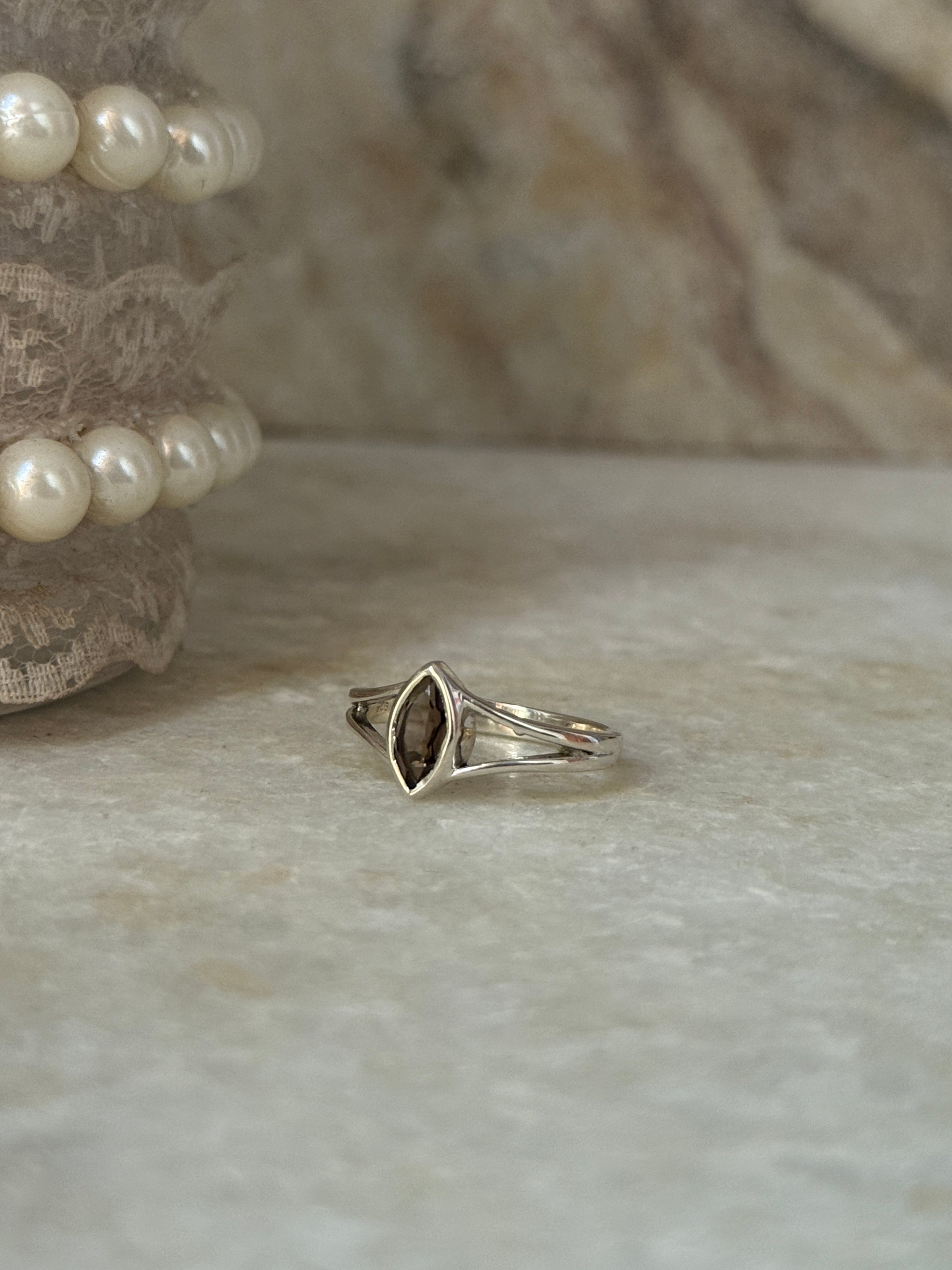 925 Sterling silver smokey quartz marquise cut ring