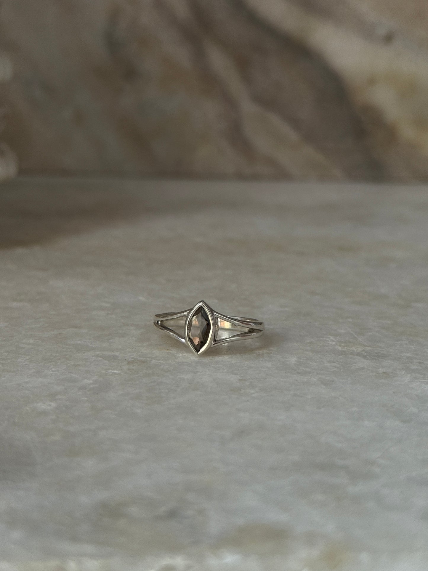 Elegant smokey quartz marquise gemstone ring in 925 sterling silver