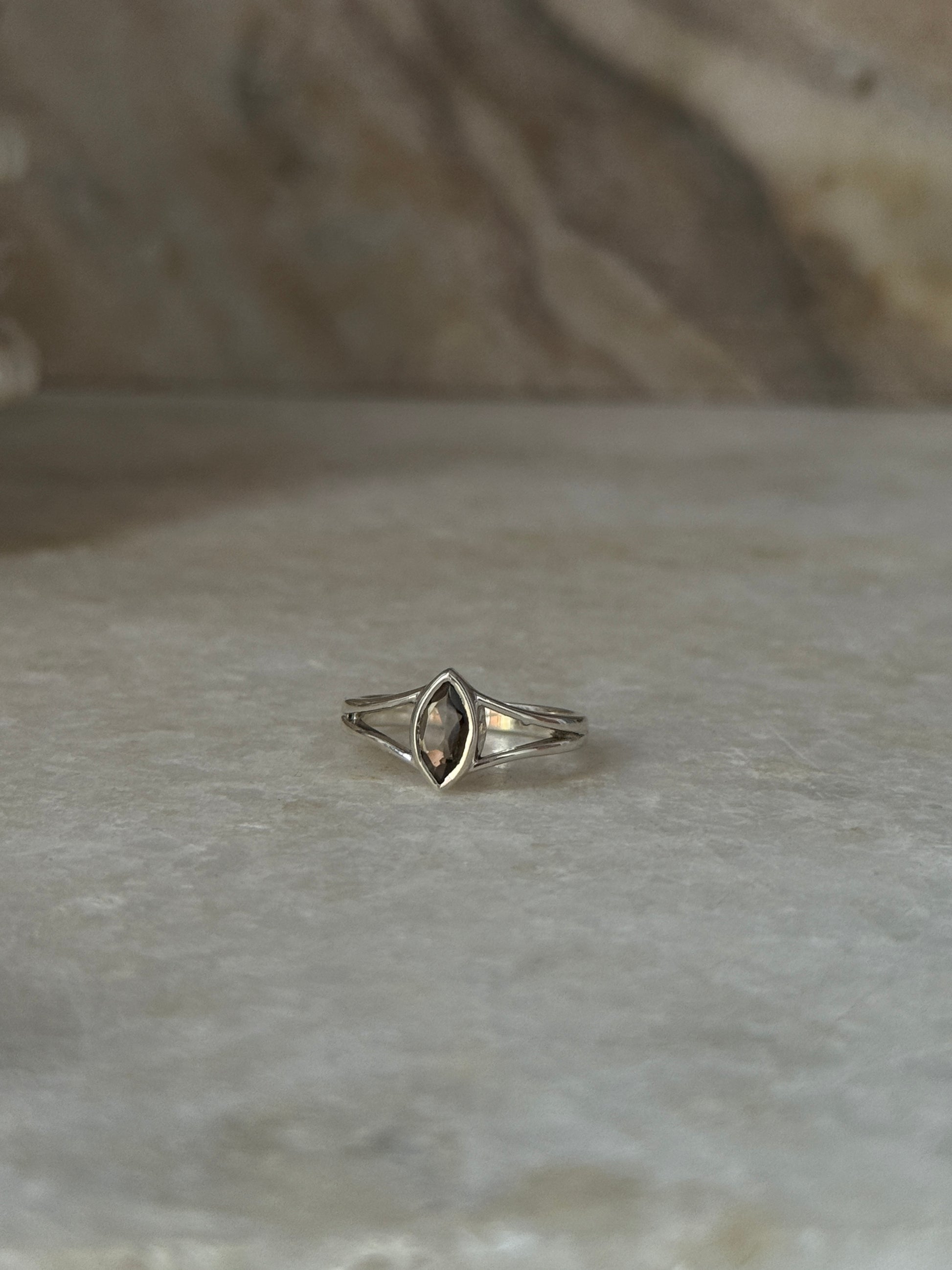 Elegant smokey quartz marquise gemstone ring in 925 sterling silver