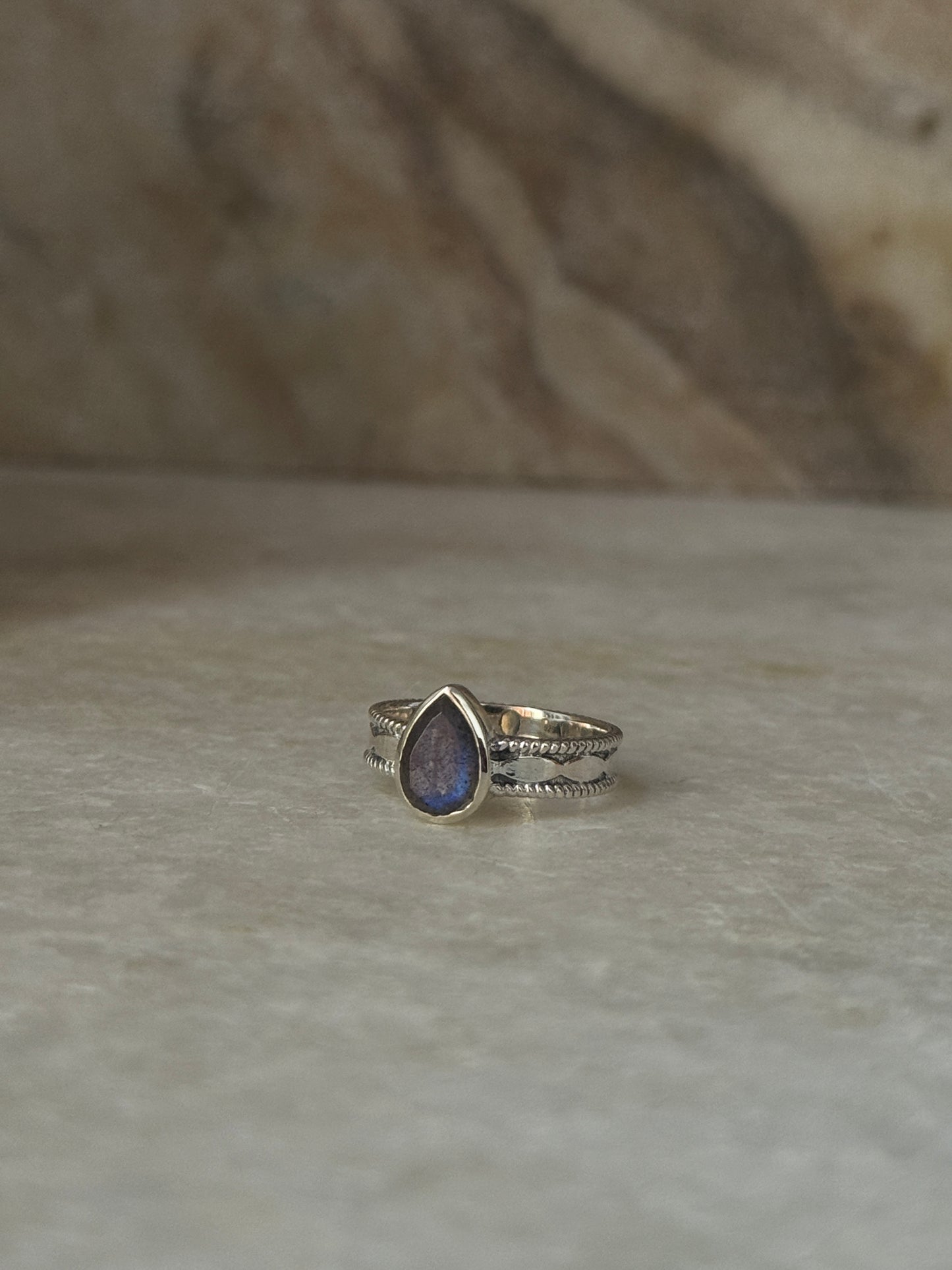 Labradorite Pear Tribal Boho Band  925 Sterling Silver Ring