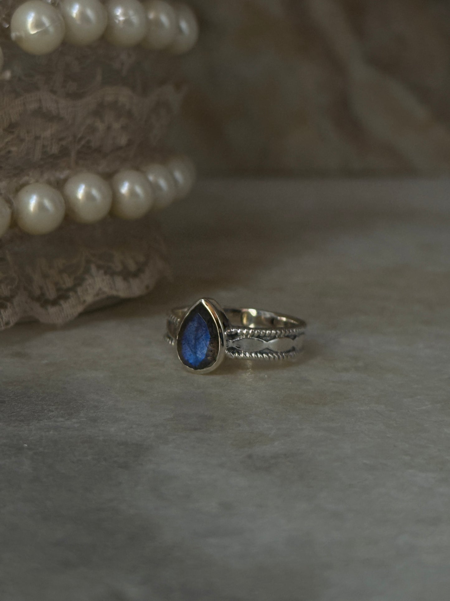 Labradorite Pear Tribal Boho Band  925 Sterling Silver Ring