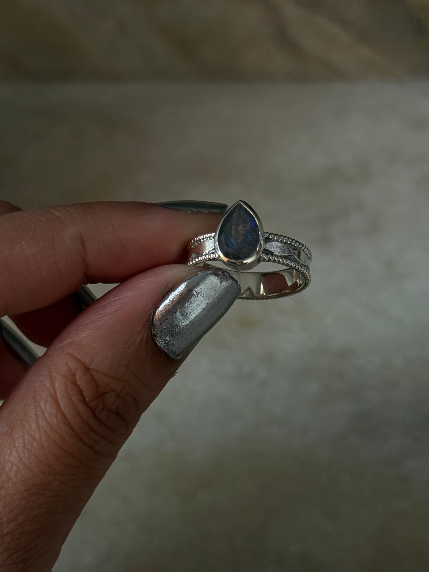 Labradorite Pear Tribal Boho Band  925 Sterling Silver Ring
