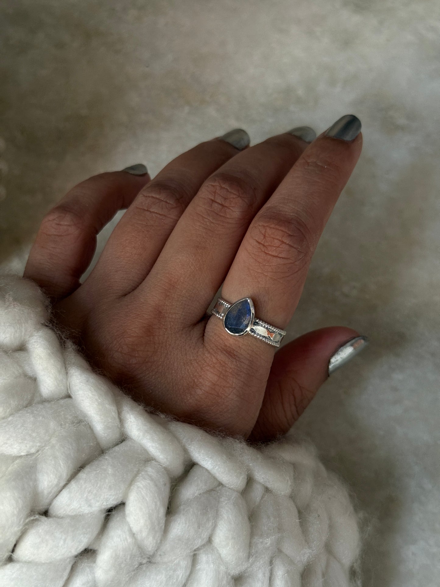 Labradorite Pear Tribal Boho Band  925 Sterling Silver Ring