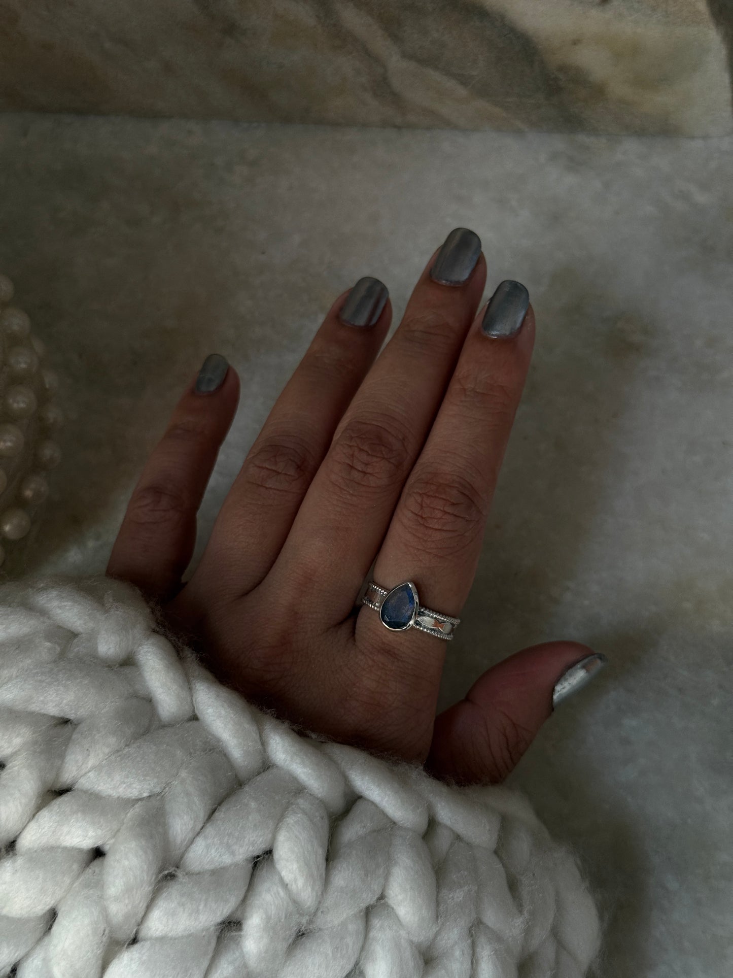 Labradorite Pear Tribal Boho Band  925 Sterling Silver Ring