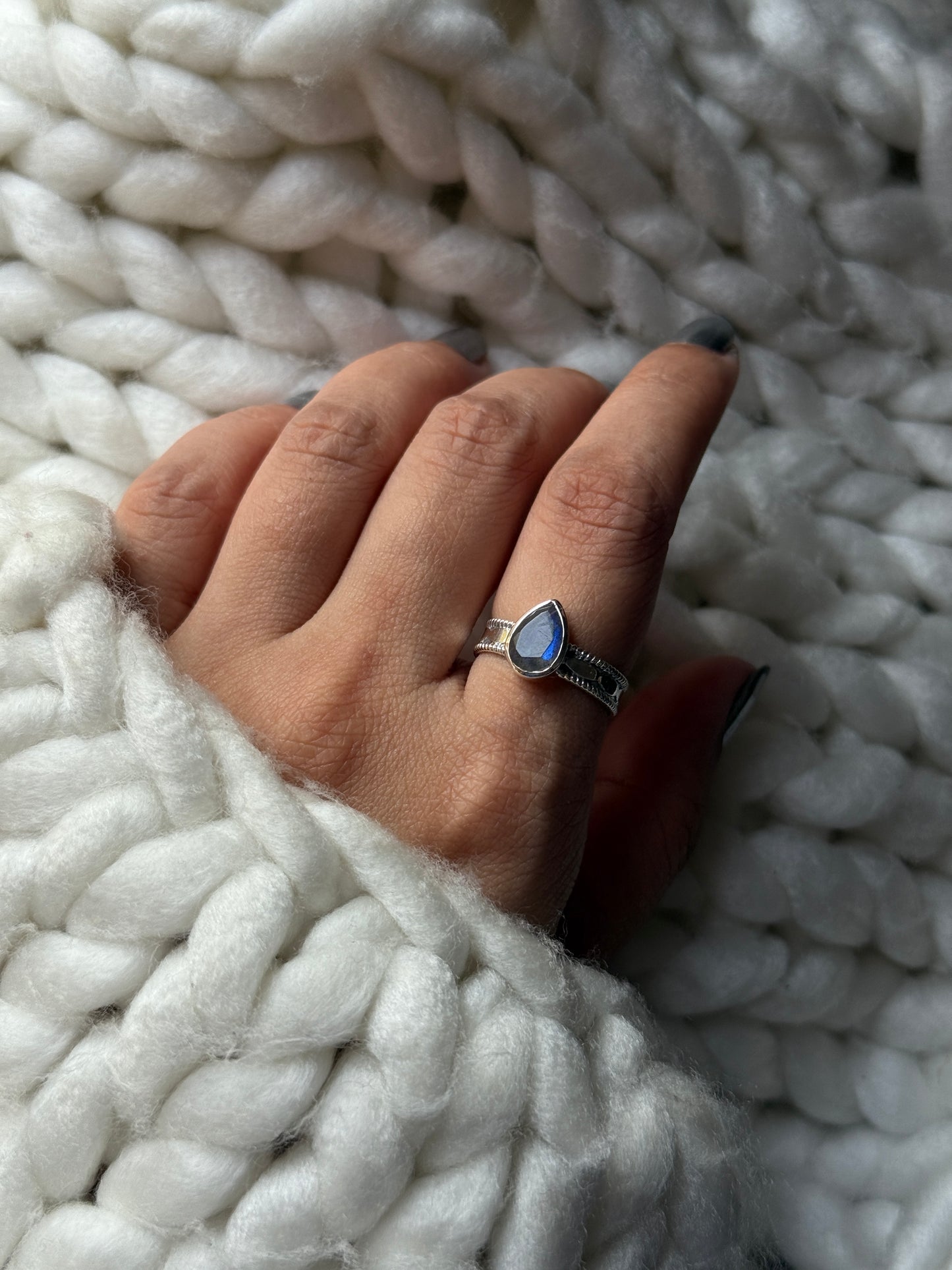 Labradorite Pear Tribal Boho Band  925 Sterling Silver Ring