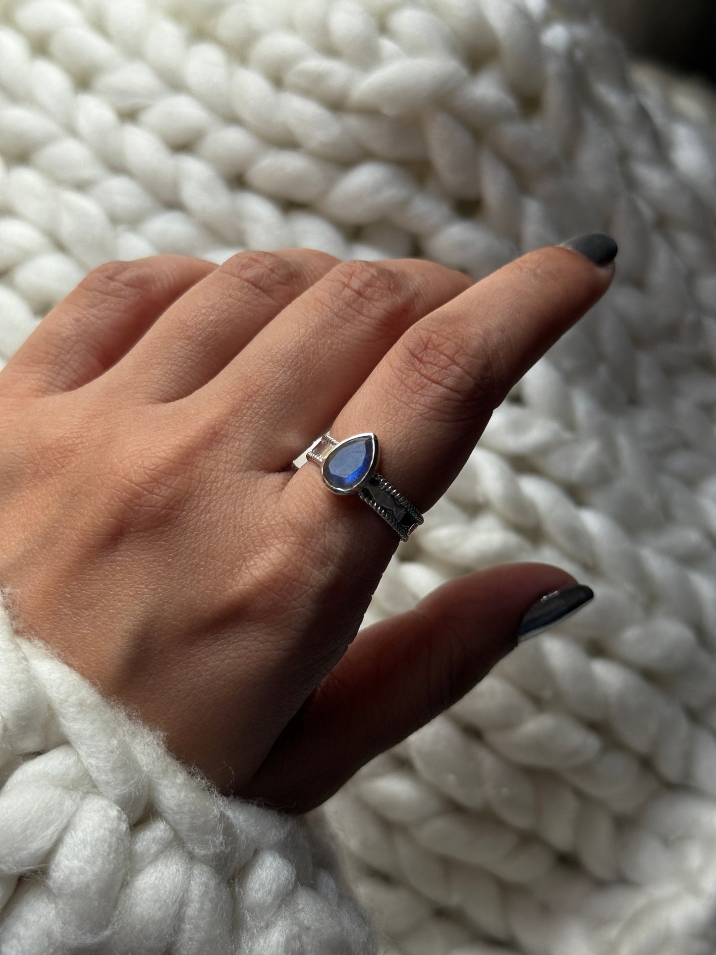 Labradorite Pear Tribal Boho Band  925 Sterling Silver Ring