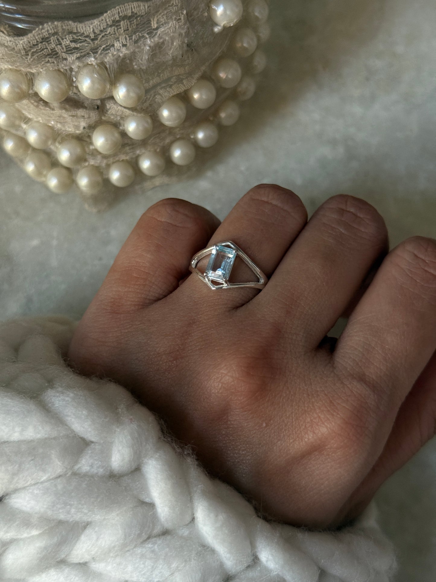 Blue Topaz Rectangle Double Chevron Vintage Style 925 Sterling Silver Ring