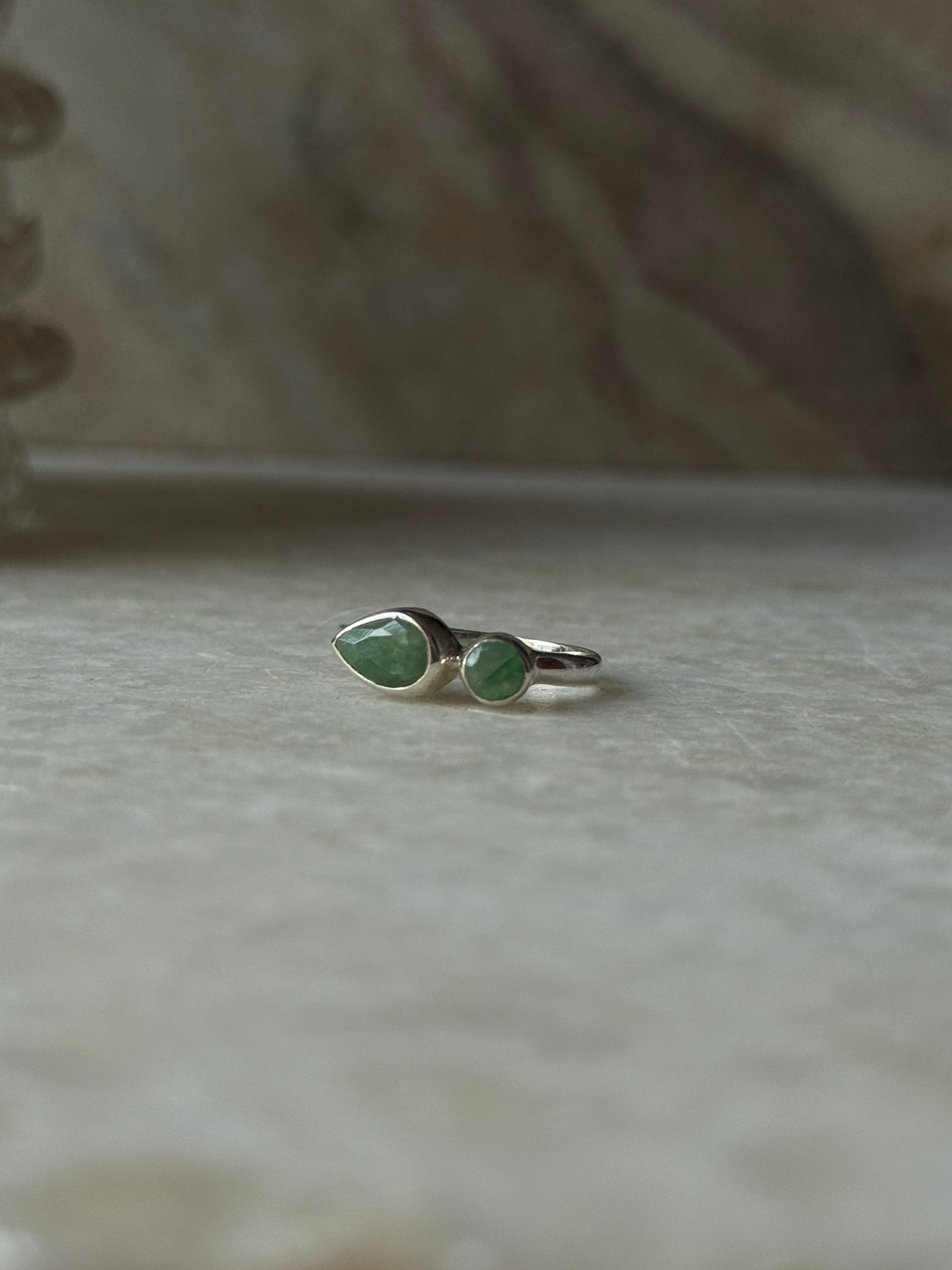 925 sterling silver green aventurine pear round gemstone ring  