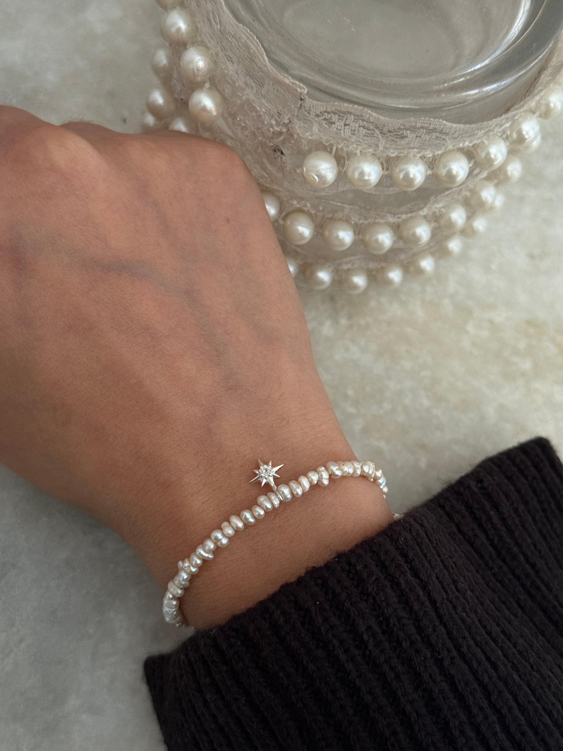 Handcrafted Basra pearl and white topaz sterling silver bracelet