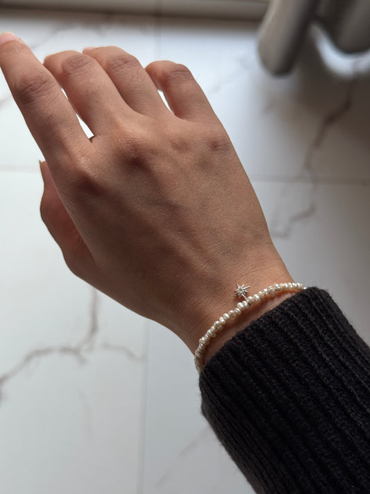 Natural fresh water Basra pearl 925 sterling silver bracelet with white topaz North Star