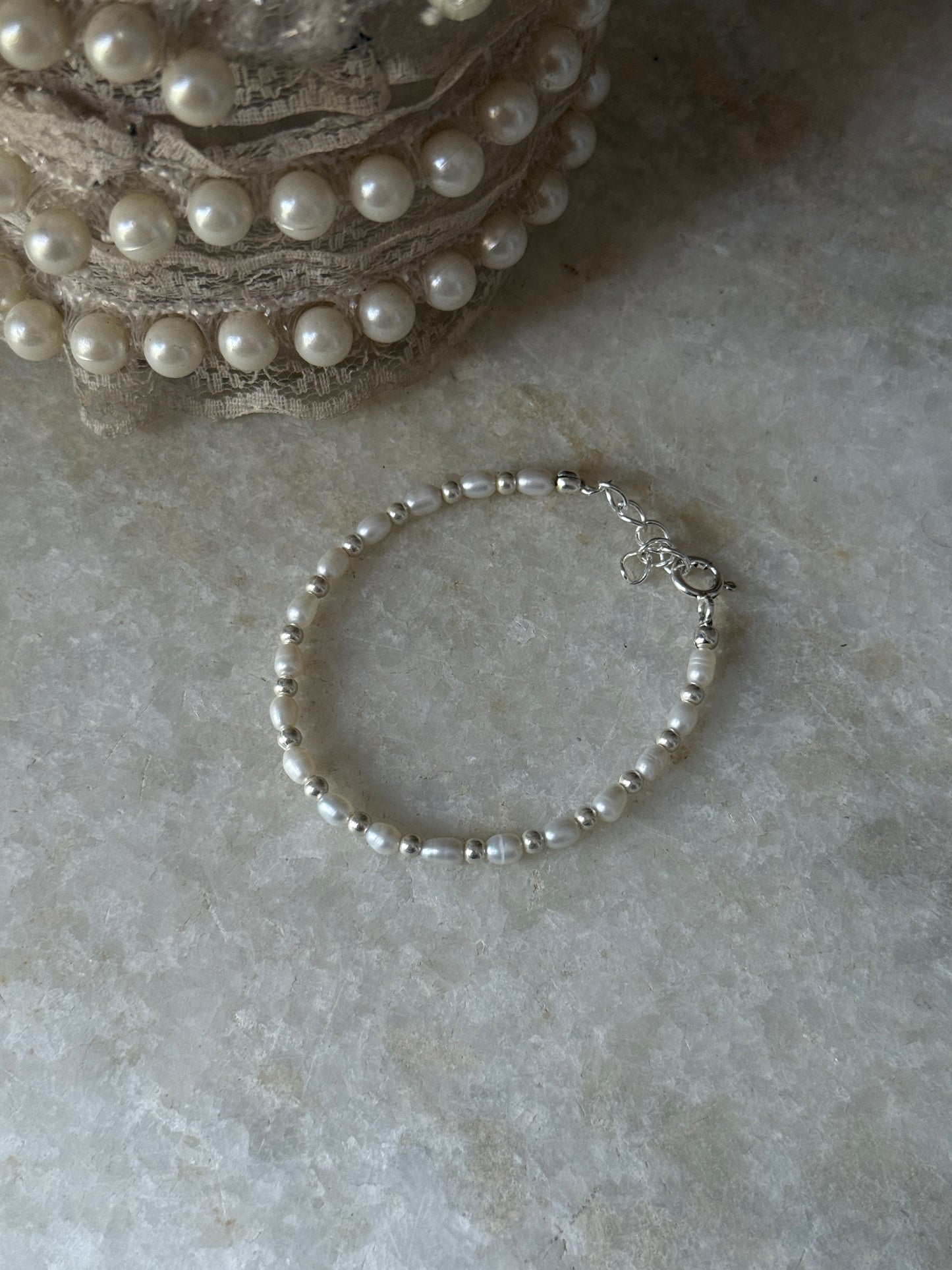 Pearl and 3mm silver bead bracelet in sterling silver