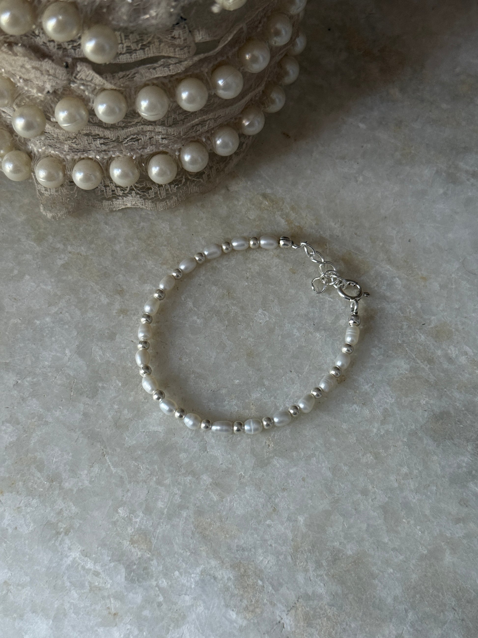 Pearl and 3mm silver bead bracelet in sterling silver