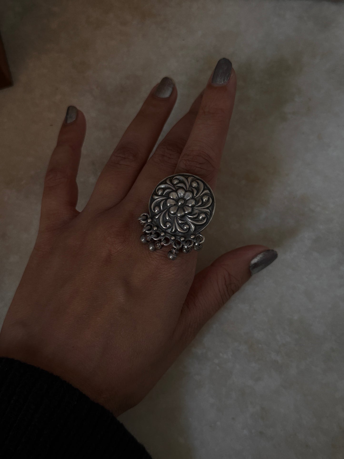 Antique Boho Ghungroo Flower 925 Sterling Silver Ring
