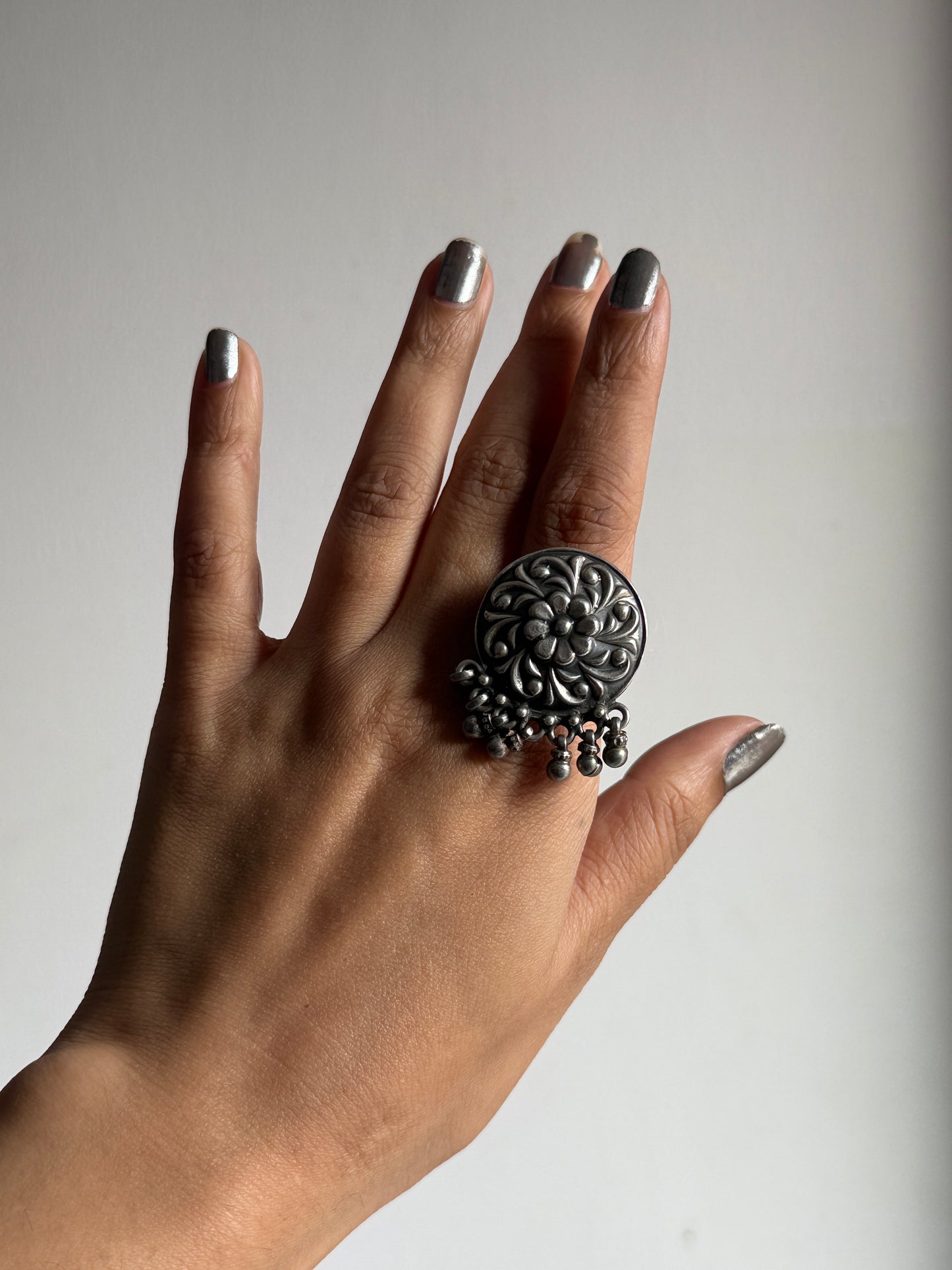 Antique Boho Ghungroo Flower 925 Sterling Silver Ring