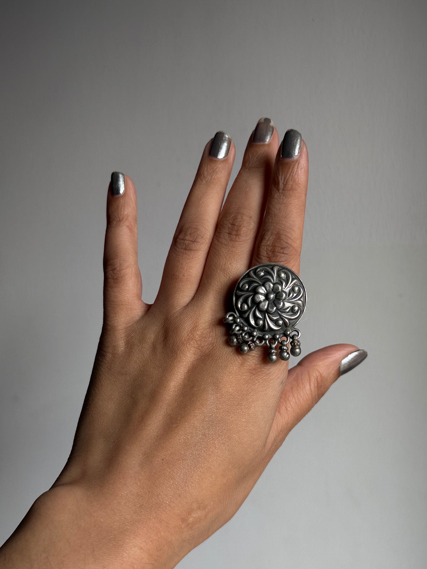 Antique Boho Ghungroo Flower 925 Sterling Silver Ring