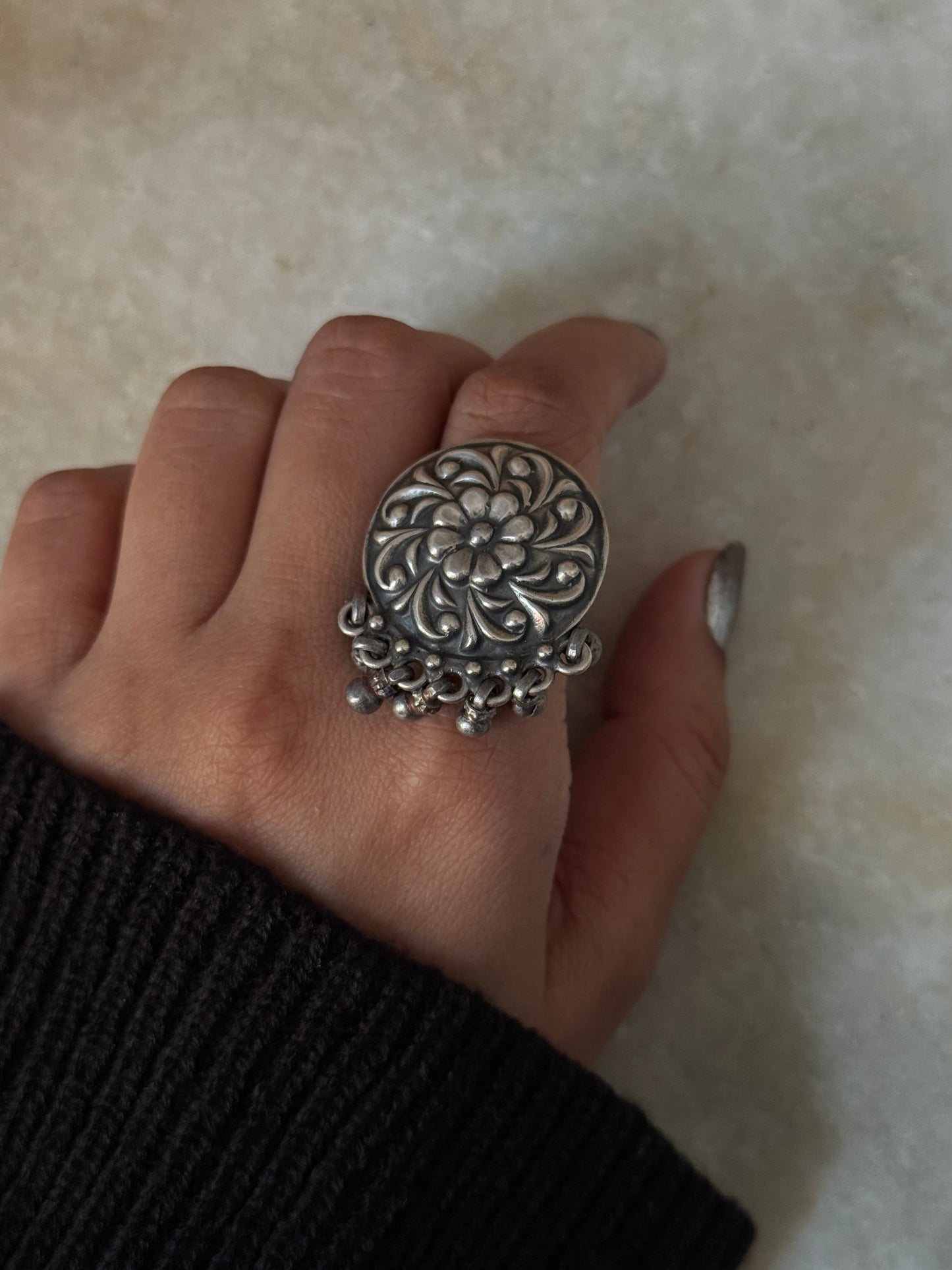 Antique Boho Ghungroo Flower 925 Sterling Silver Ring