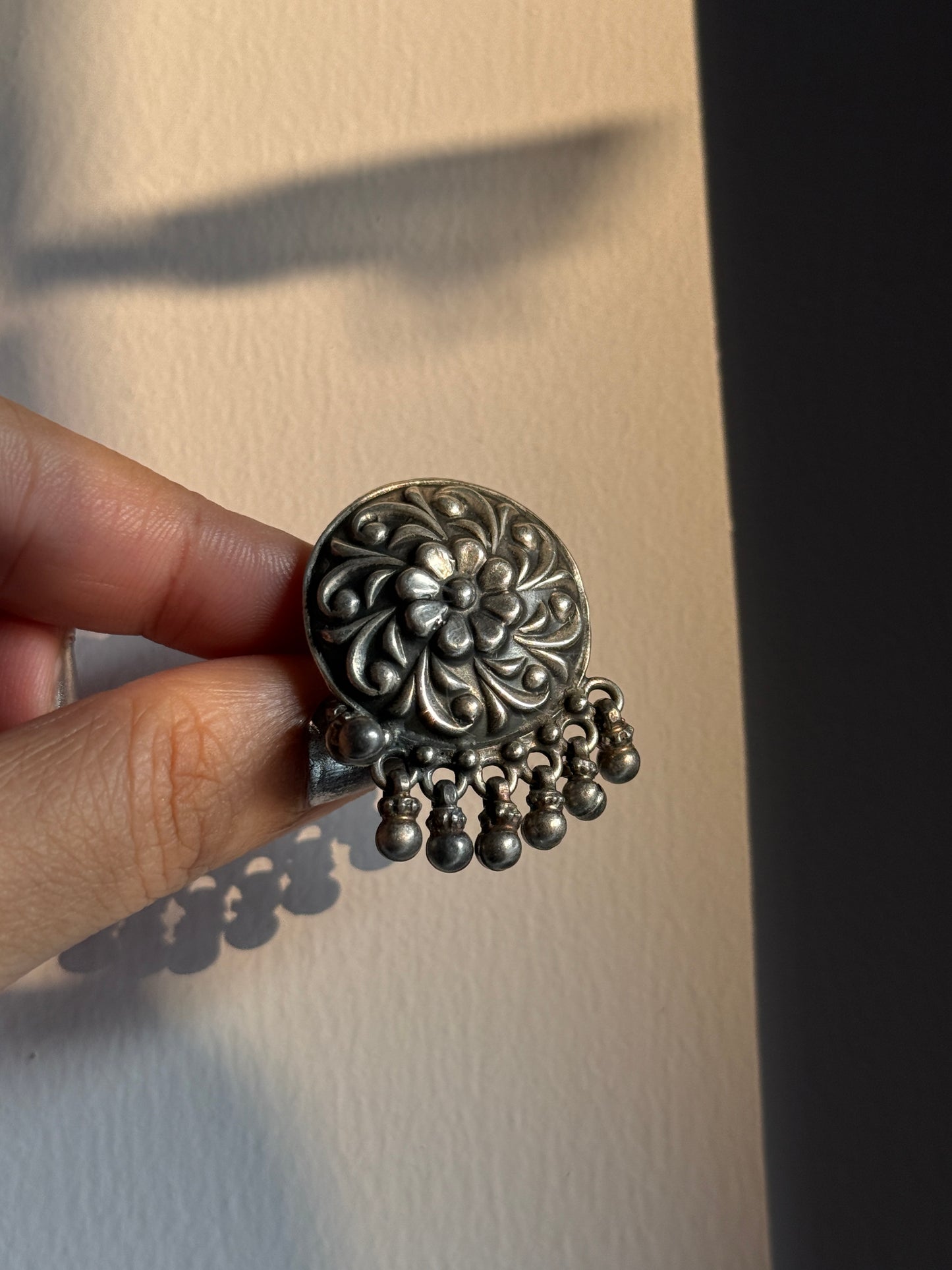 Antique Boho Ghungroo Flower 925 Sterling Silver Ring