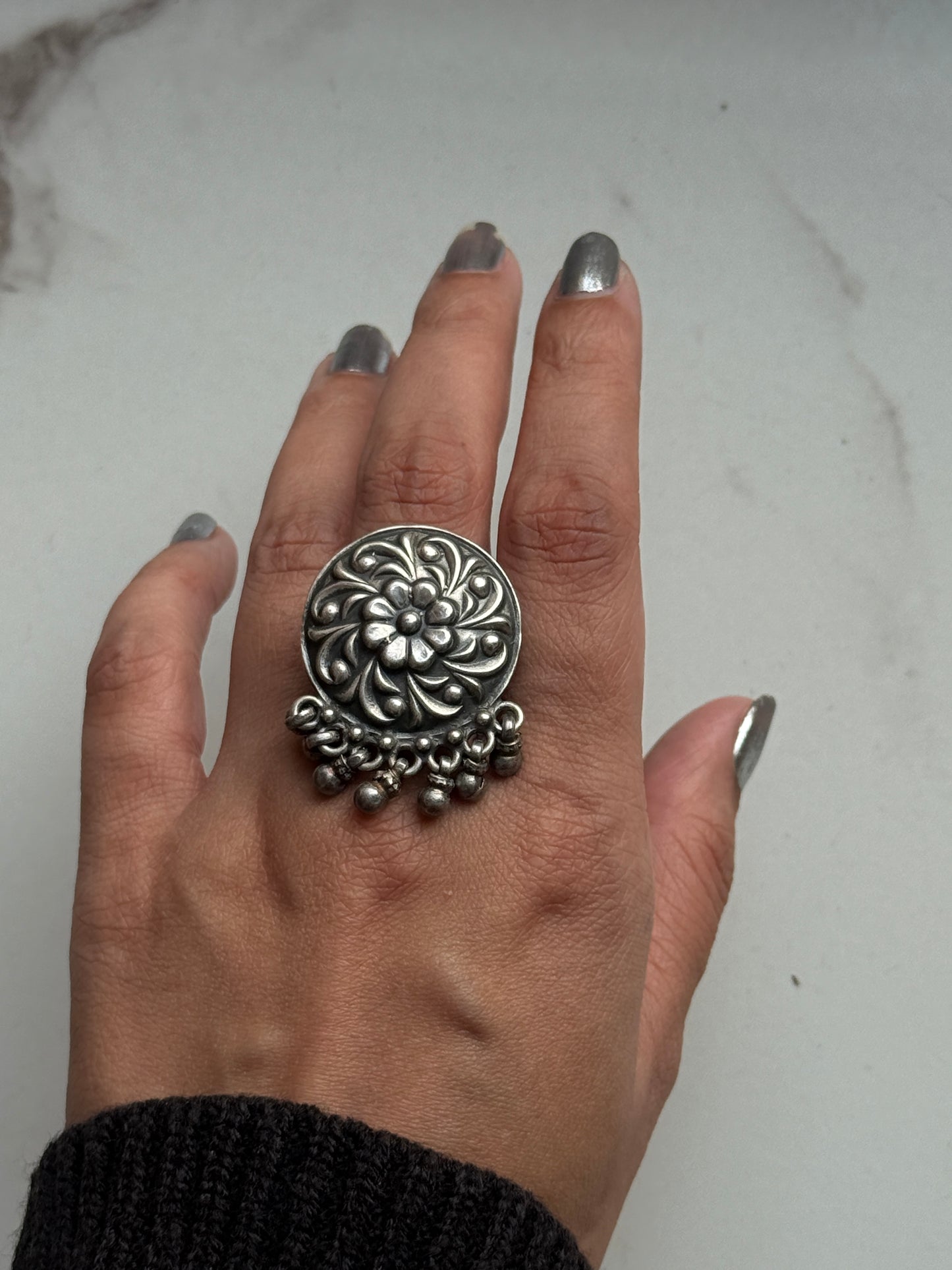 Antique Boho Ghungroo Flower 925 Sterling Silver Ring