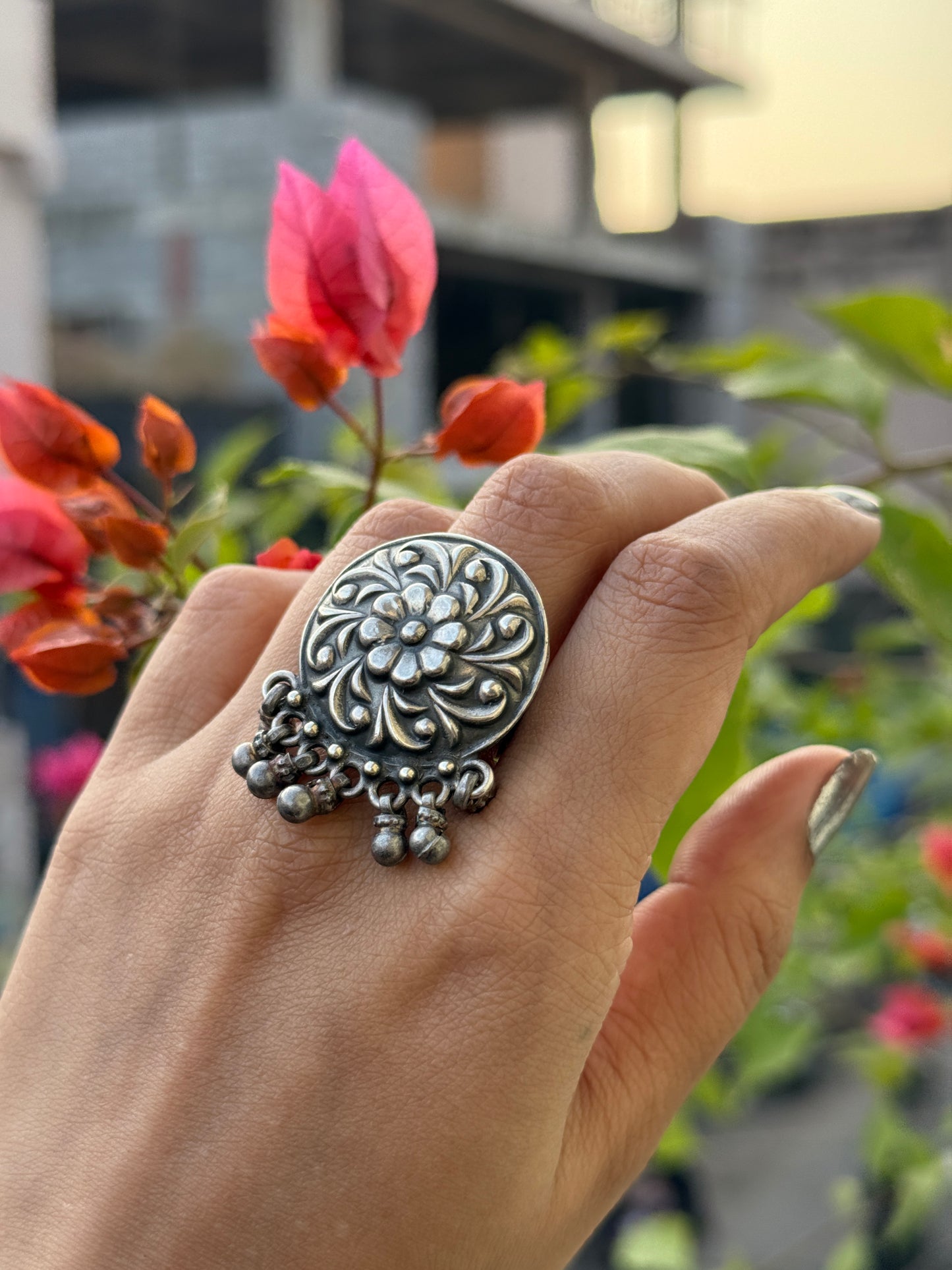 Antique Boho Ghungroo Flower 925 Sterling Silver Ring