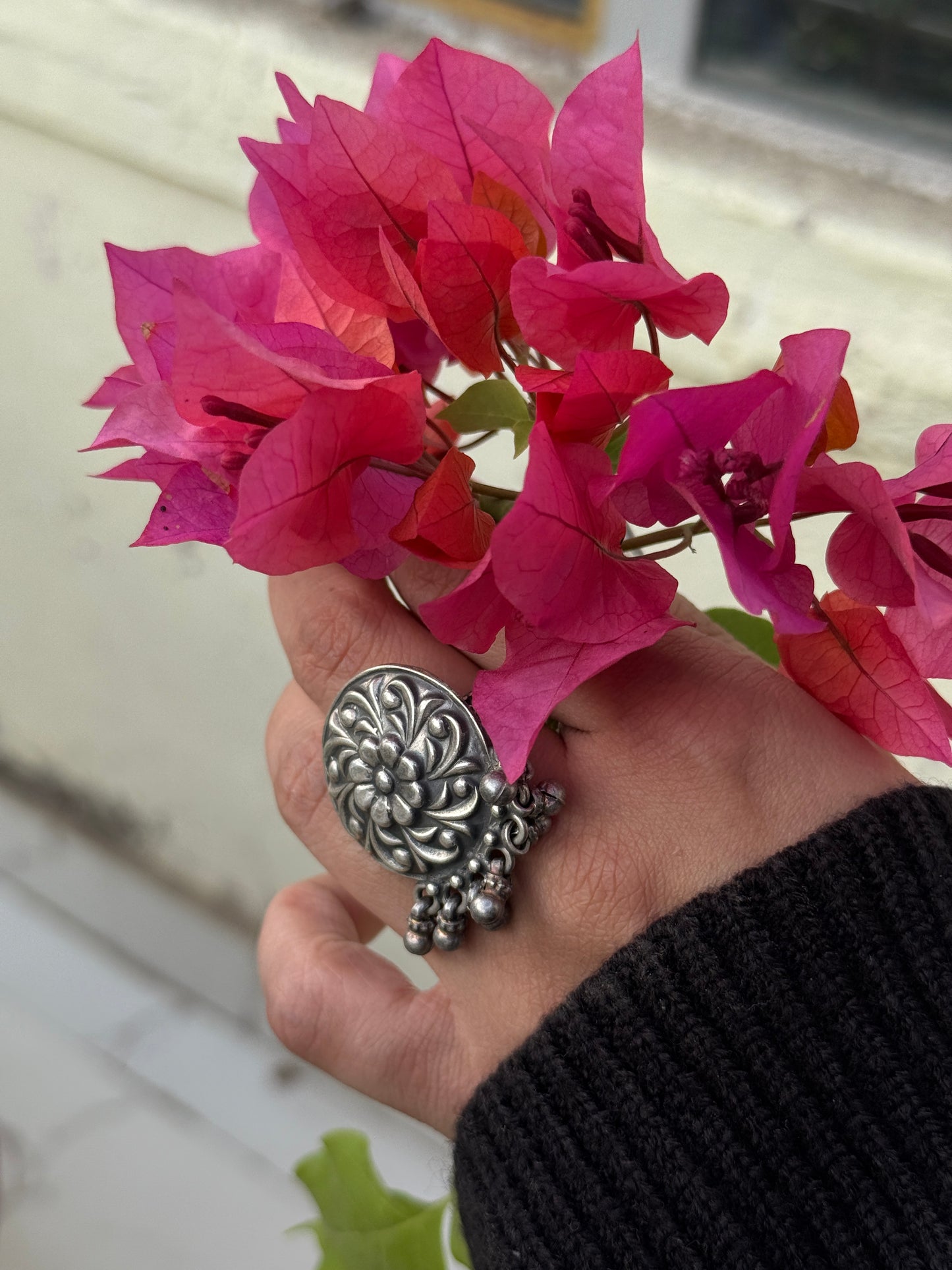 Antique Boho Ghungroo Flower 925 Sterling Silver Ring