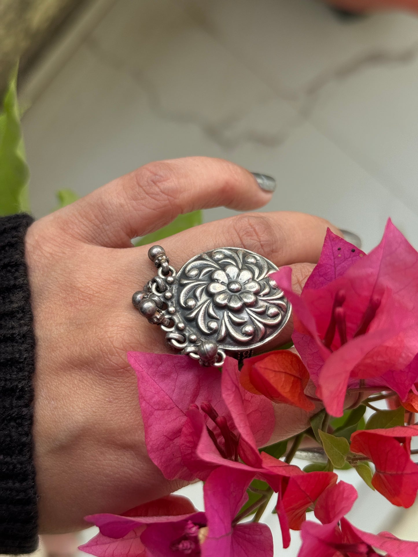 Antique Boho Ghungroo Flower 925 Sterling Silver Ring