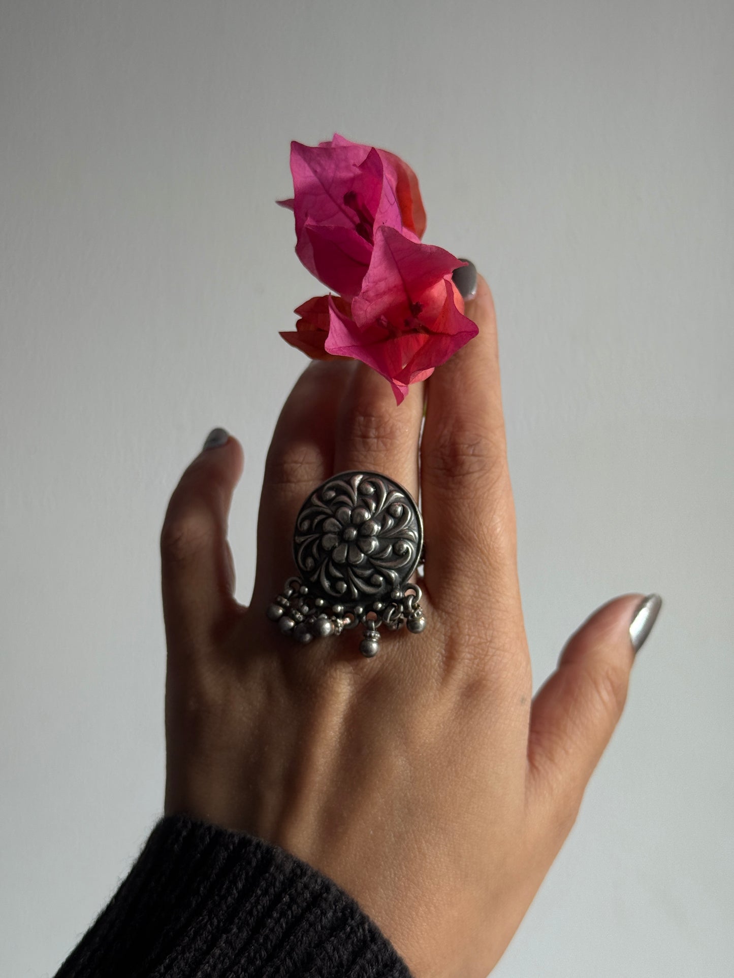 Antique Boho Ghungroo Flower 925 Sterling Silver Ring